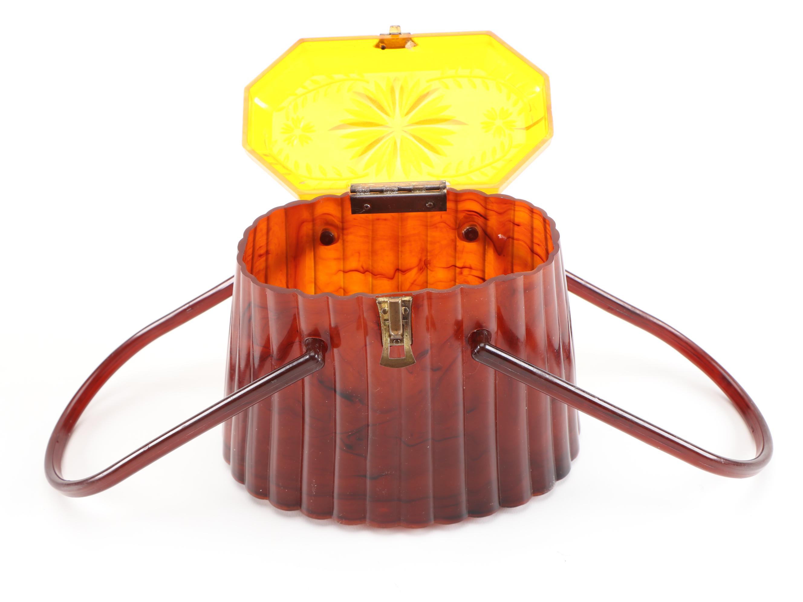 Ranhill Corp. Etched and Sculpted Amber Swirl Acetate Box Purse, 1950s Vintage