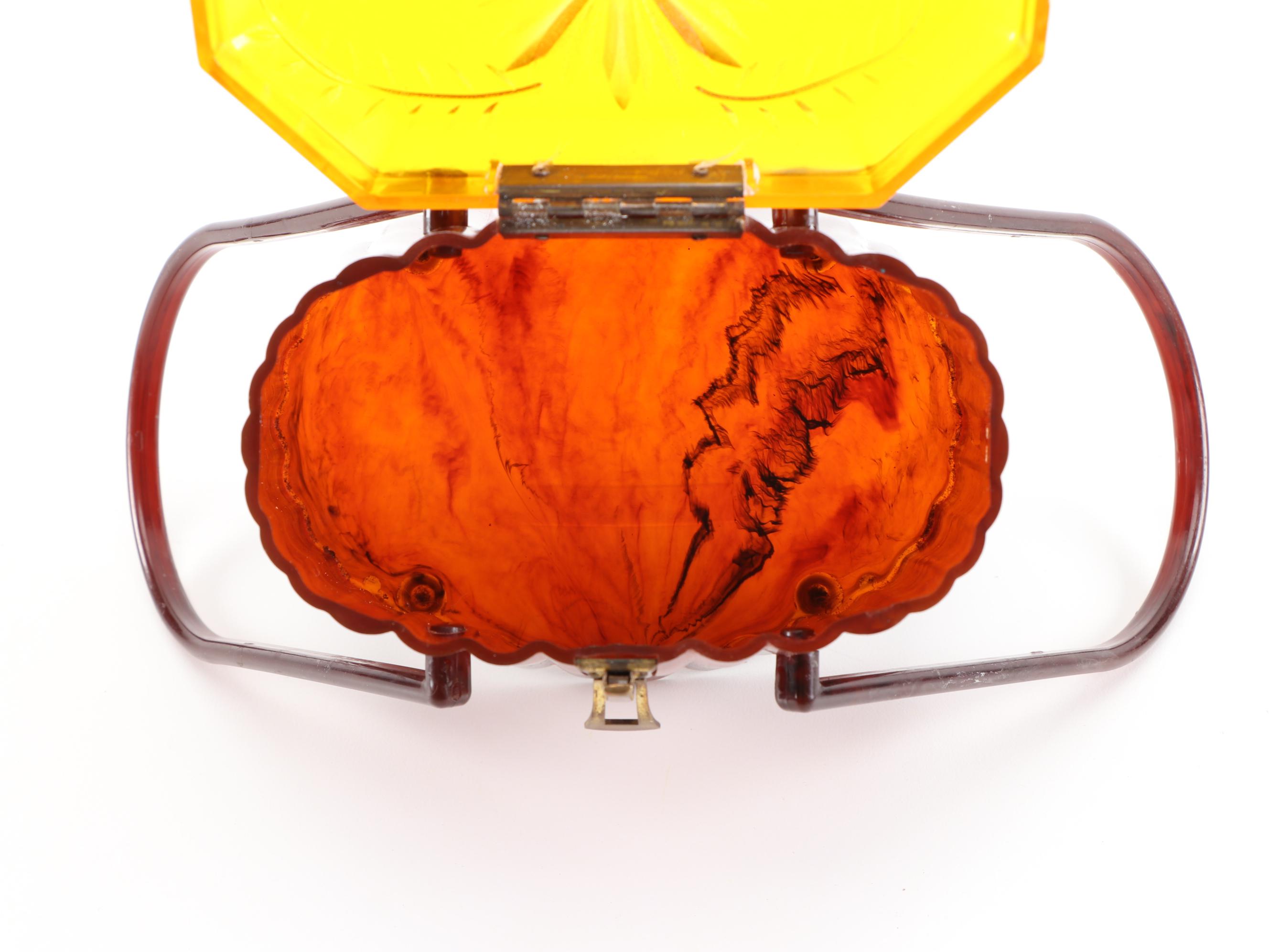 Ranhill Corp. Etched and Sculpted Amber Swirl Acetate Box Purse, 1950s Vintage