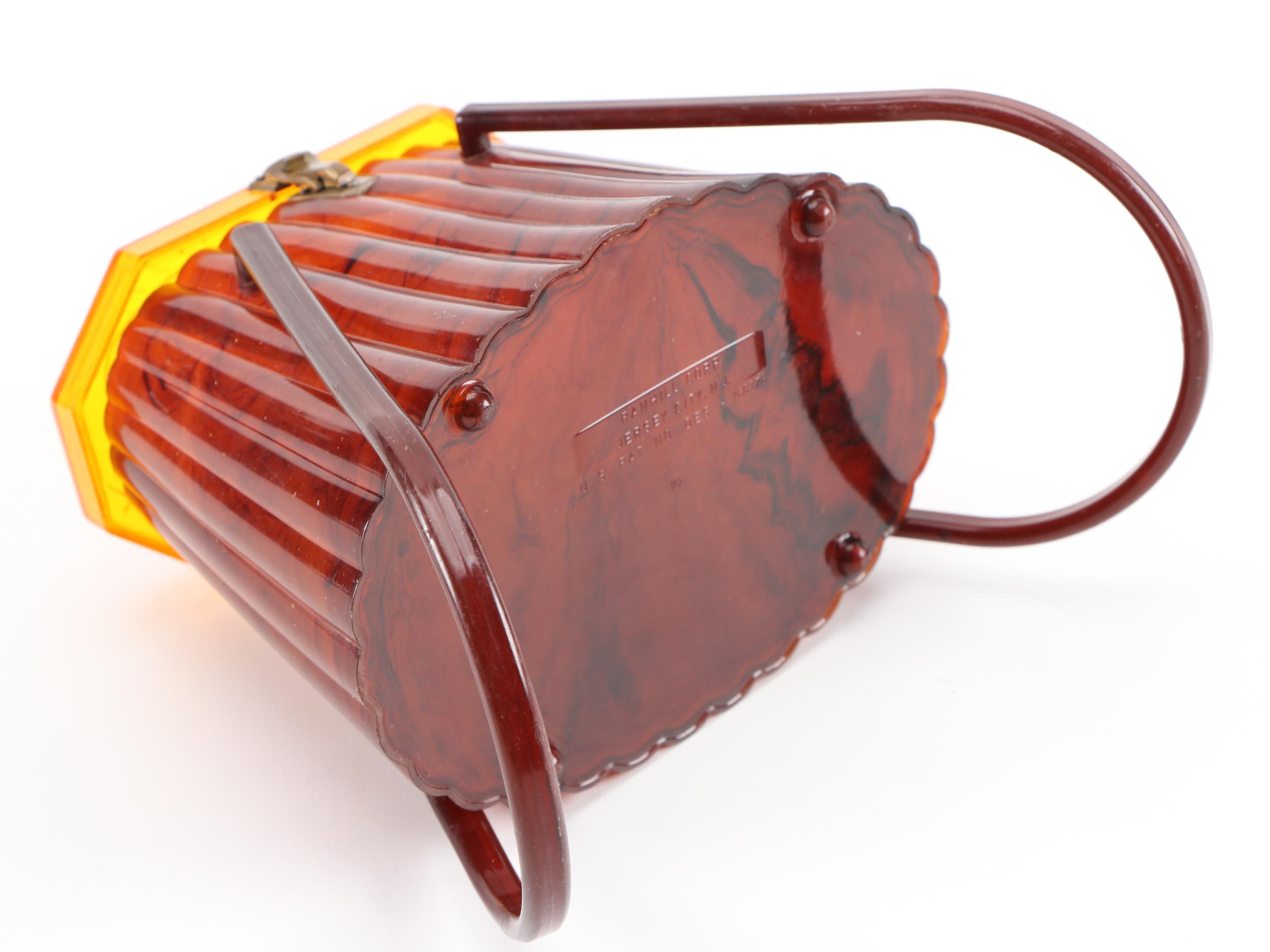 Ranhill Corp. Etched and Sculpted Amber Swirl Acetate Box Purse, 1950s Vintage