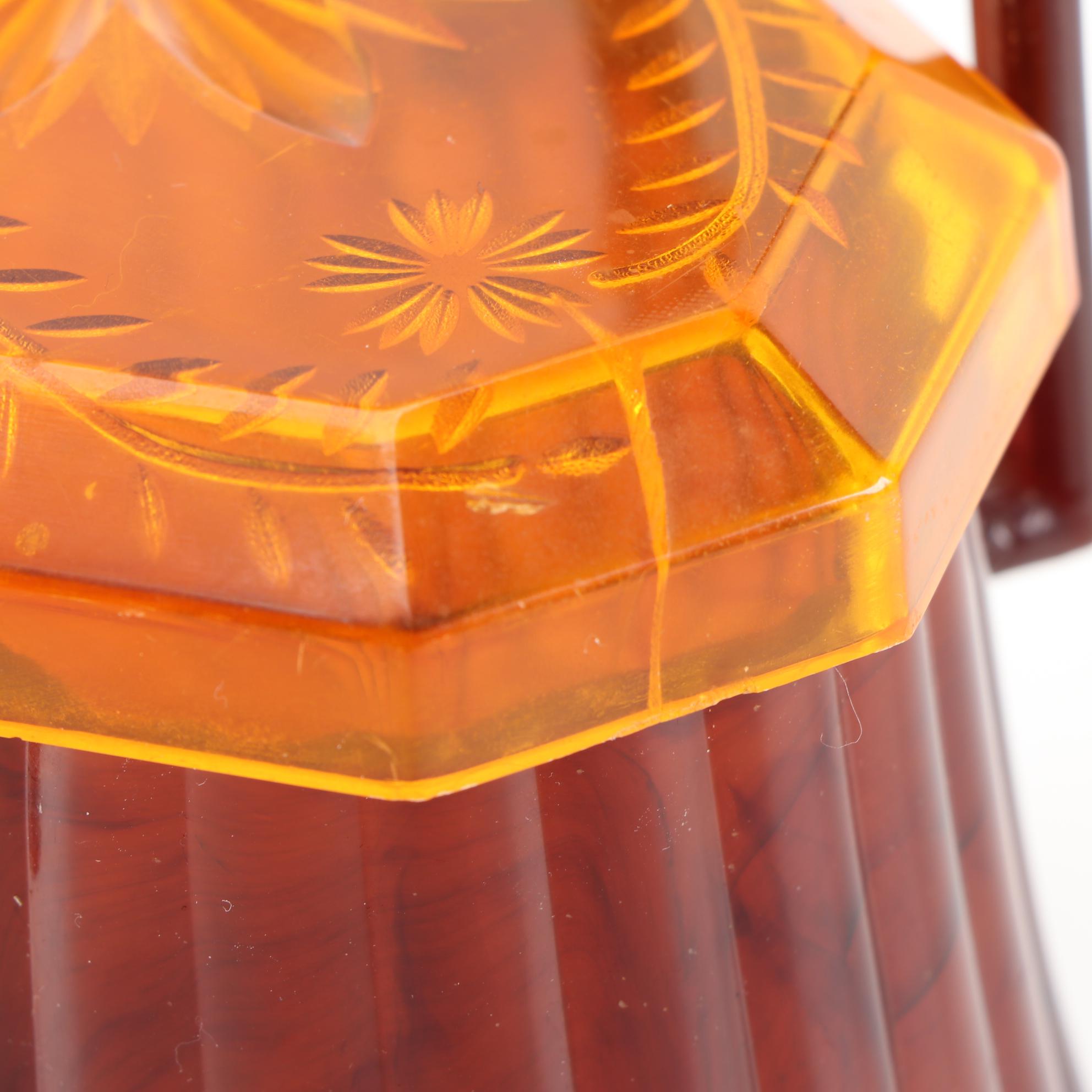 Ranhill Corp. Etched and Sculpted Amber Swirl Acetate Box Purse, 1950s Vintage