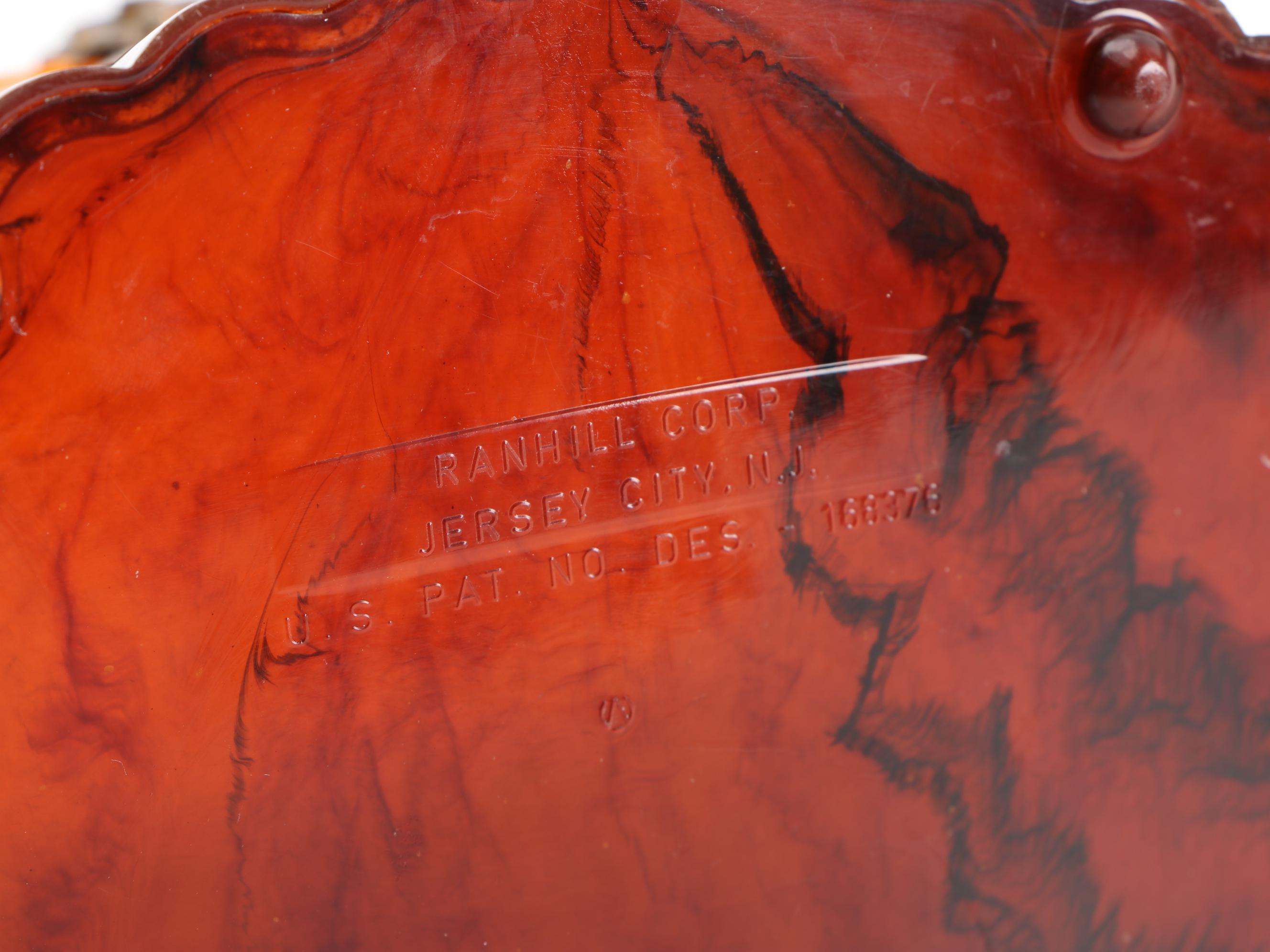 Ranhill Corp. Etched and Sculpted Amber Swirl Acetate Box Purse, 1950s Vintage