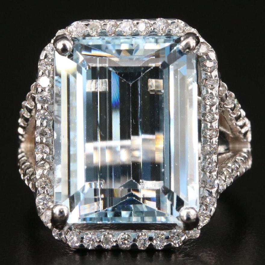 14K Gold 10.28 CT Aquamarine and Diamond Ring