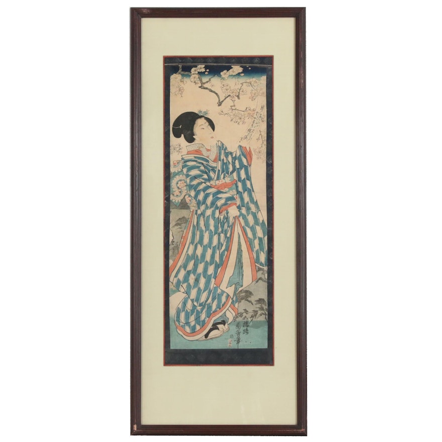 Japanese Ukiyo-e Woodblock Print of Woman in Garden, Meiji Period