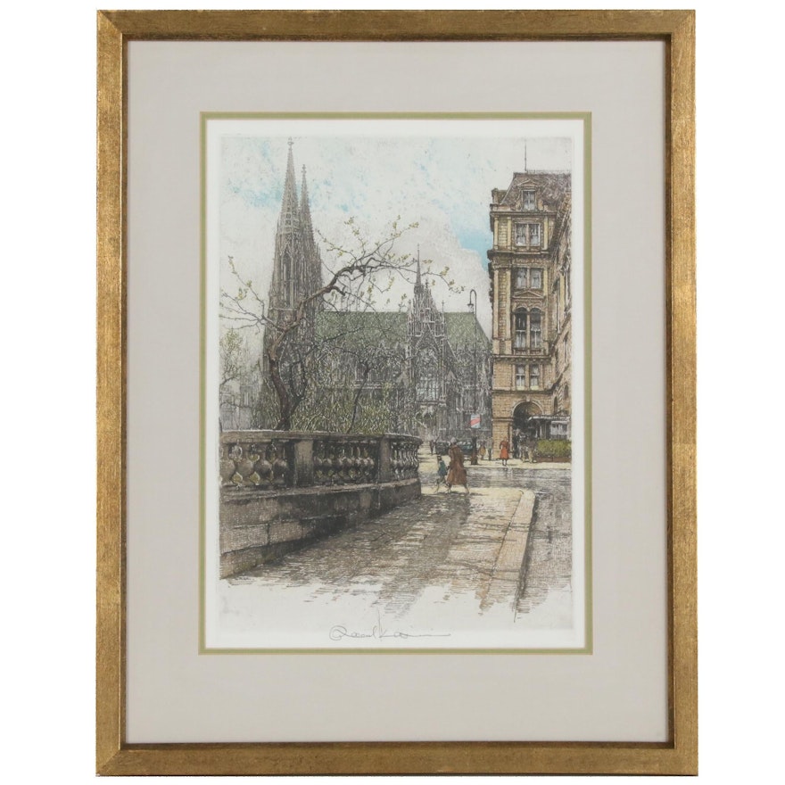 Robert Kasimir Etching with Aquatint of Church "Wien Votivkirche, Vienna"