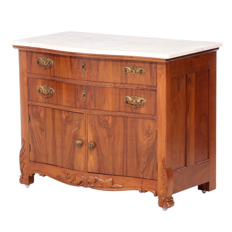 Victorian Walnut, Figured Walnut, and White Marble Serpentine-Front Washstand