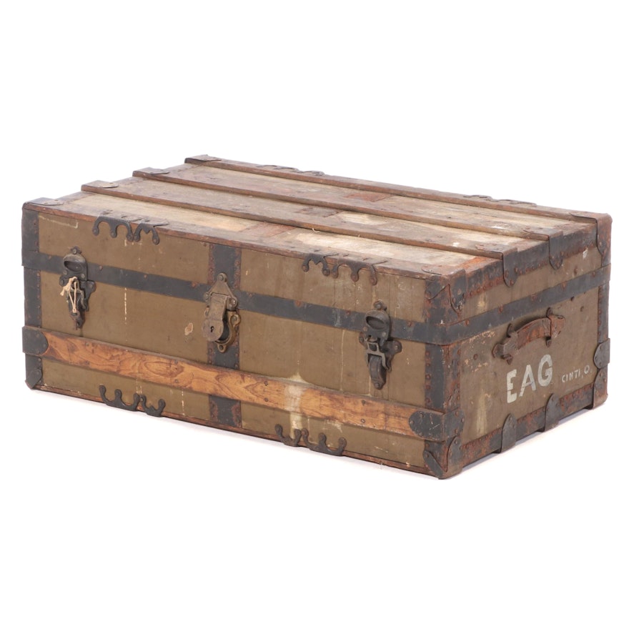 Late Victorian Green Painted Trunk Footlocker, Late 19th to Early 20th Century