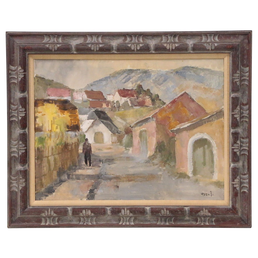 Oil Painting of Mountainside Village with Figure, Mid 20th Century