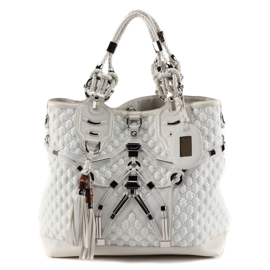 Gucci Techno Horsebit Large Tote in White GG Chemical Fiber with Leather Trim