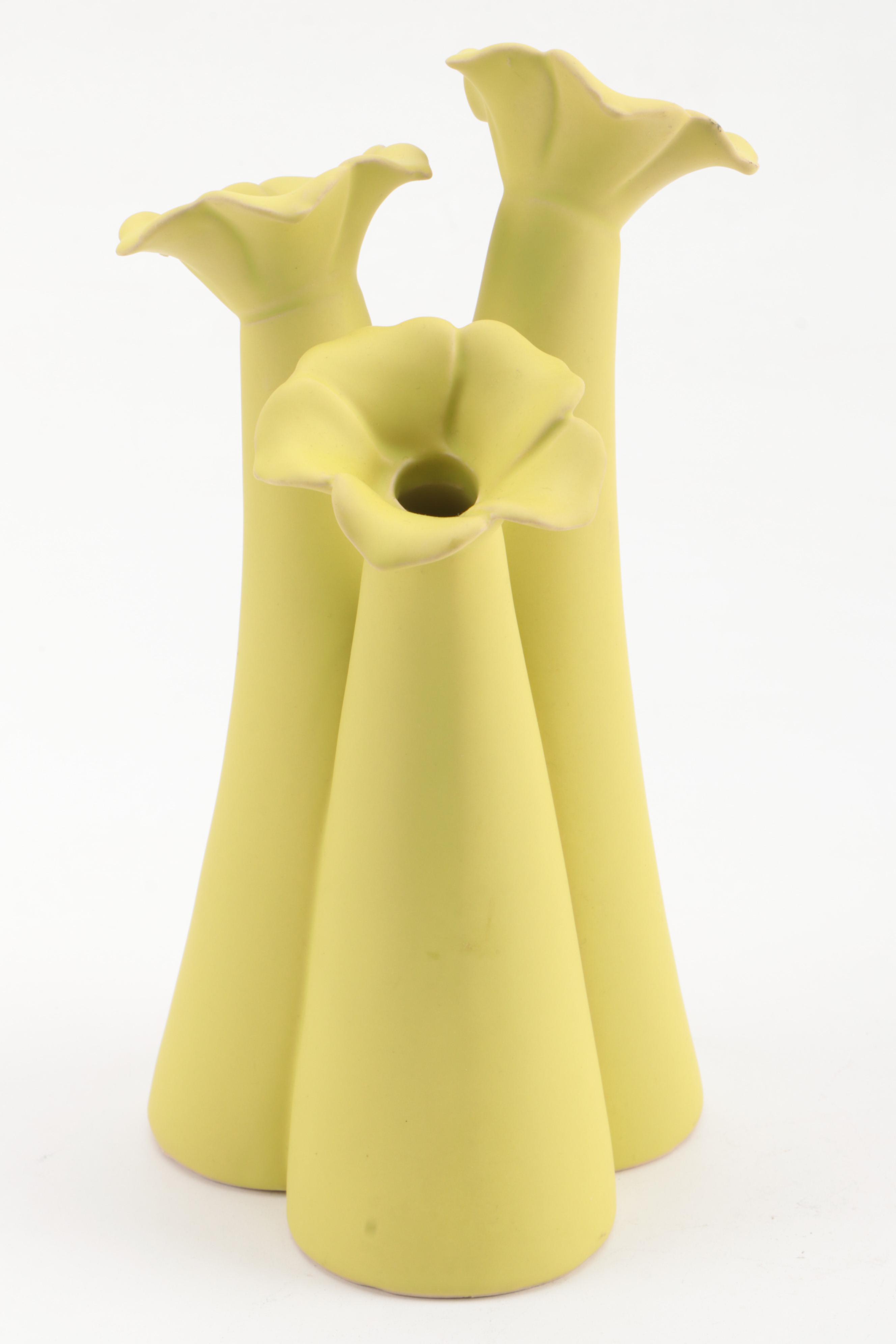 Mid-Century Japanese Artmark Ceramic Figurines with Yellow Ceramic Vase