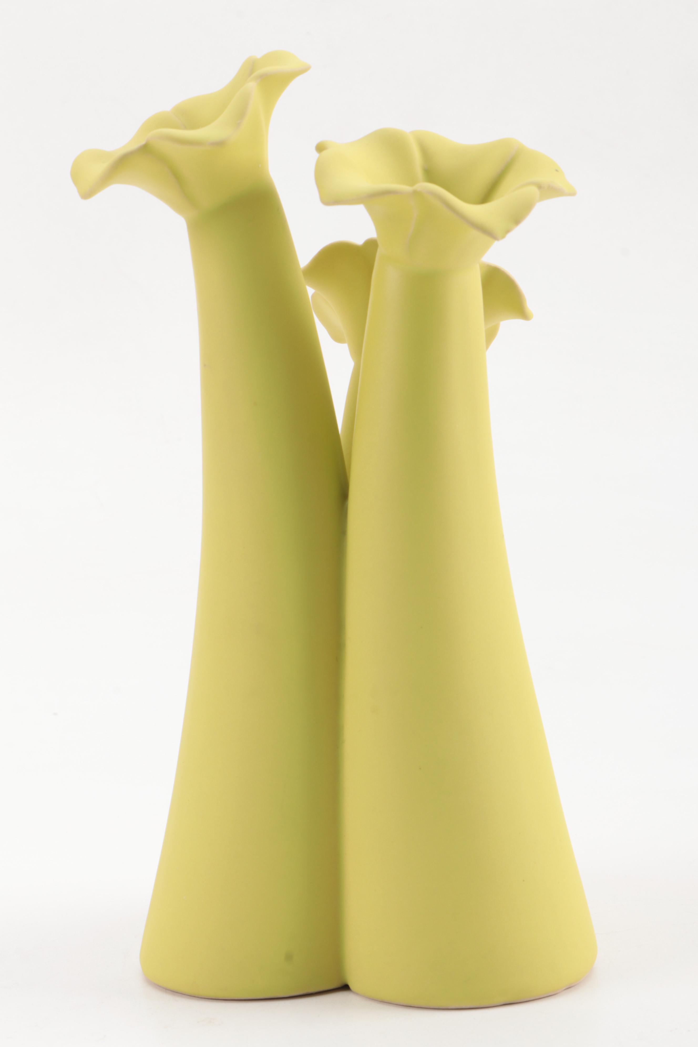 Mid-Century Japanese Artmark Ceramic Figurines with Yellow Ceramic Vase