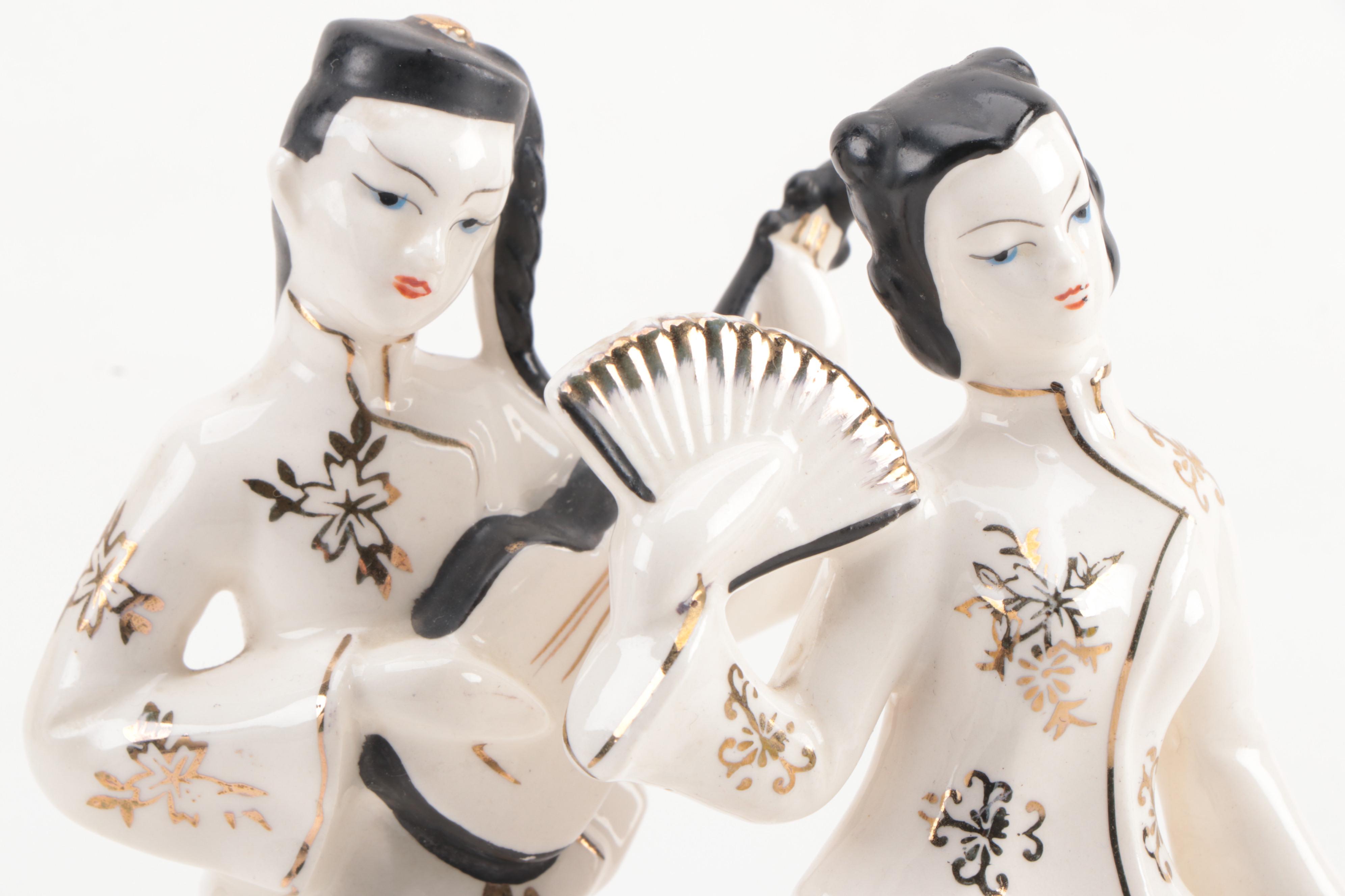 Mid-Century Japanese Artmark Ceramic Figurines with Yellow Ceramic Vase