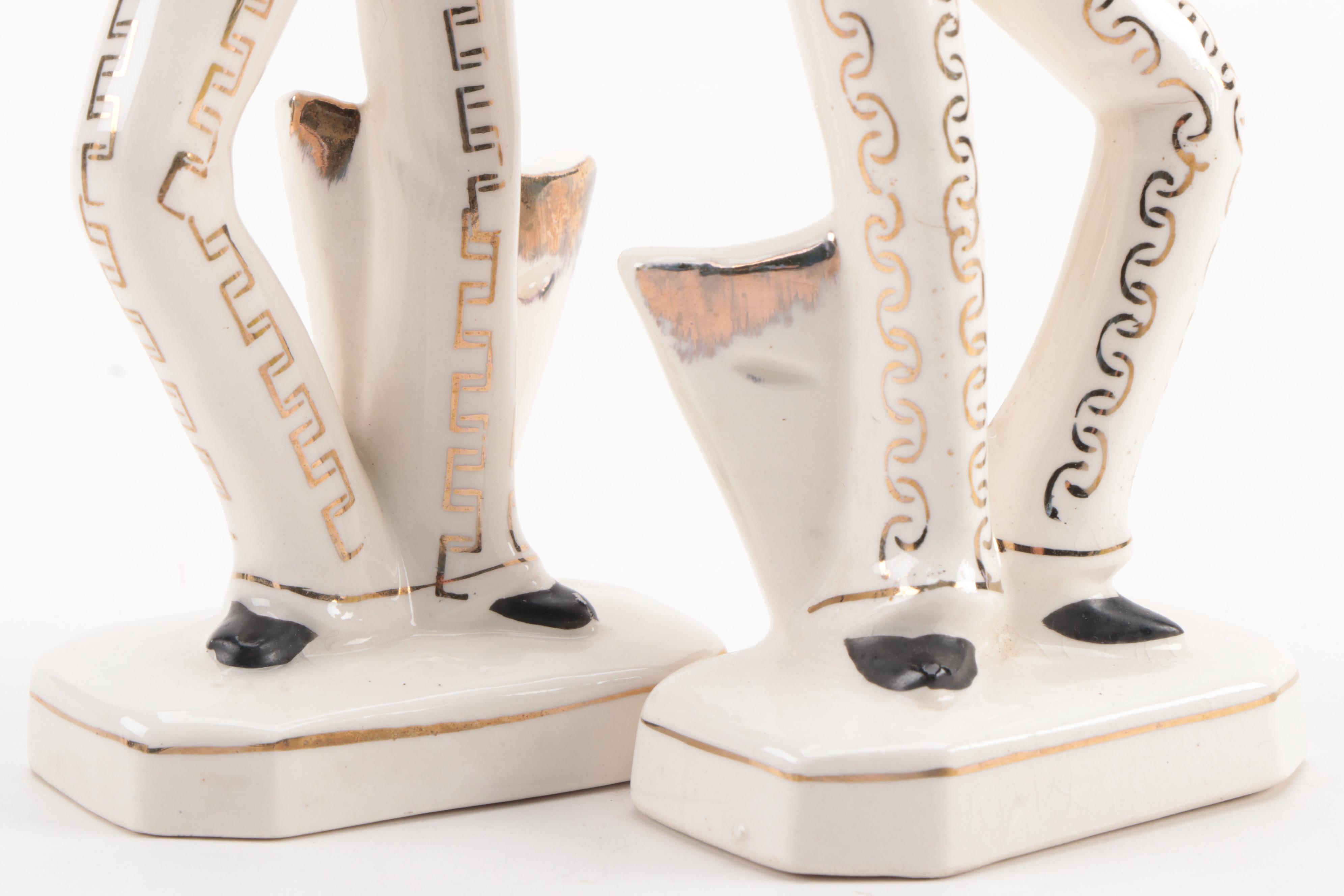 Mid-Century Japanese Artmark Ceramic Figurines with Yellow Ceramic Vase