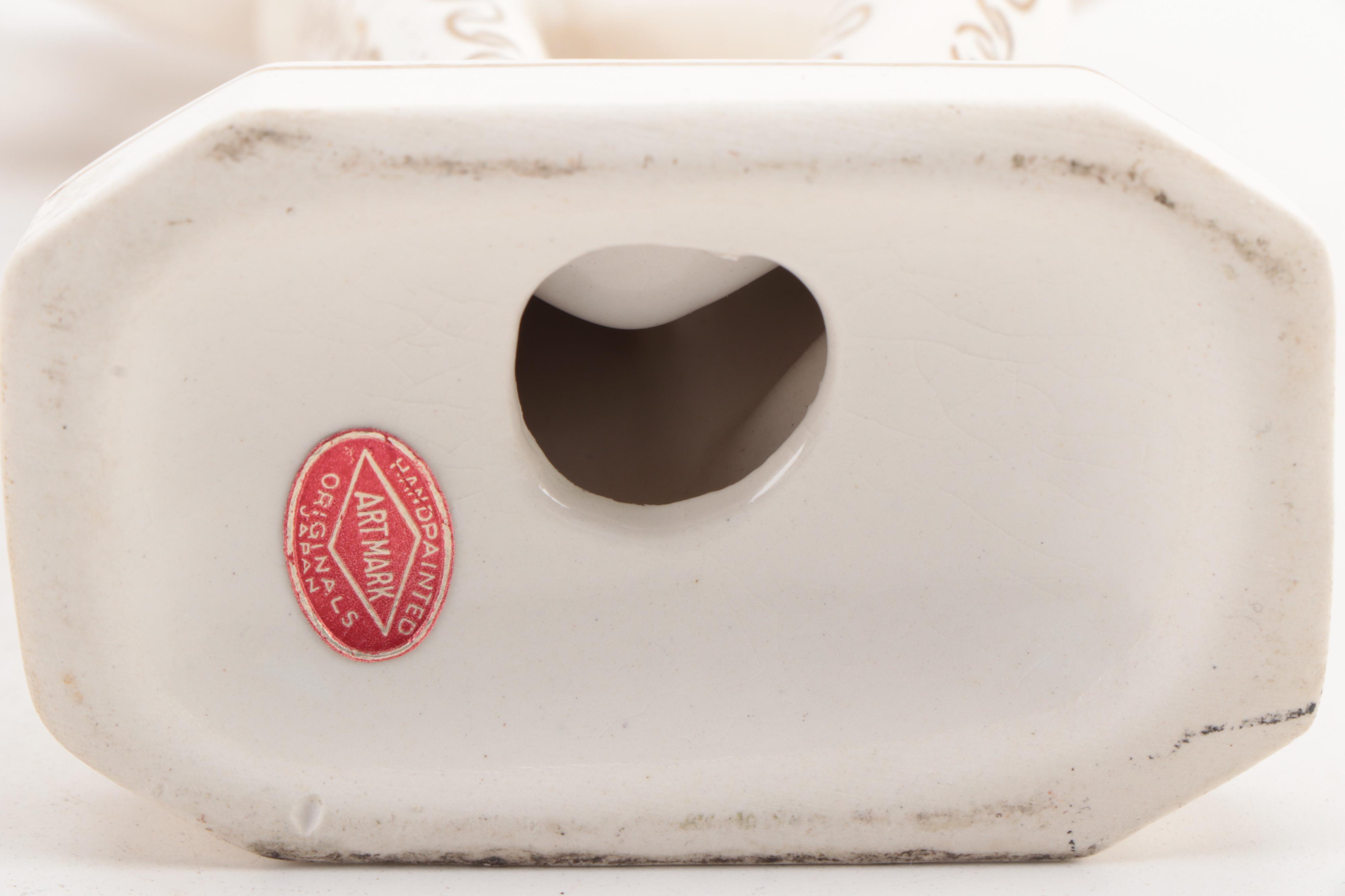 Mid-Century Japanese Artmark Ceramic Figurines with Yellow Ceramic Vase