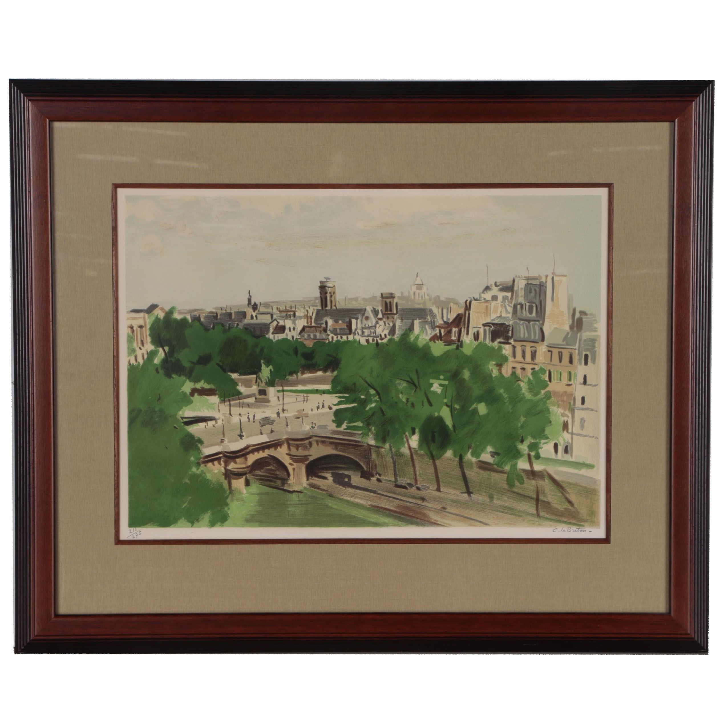 Constant Le Breton Color Lithograph of French Cityscape