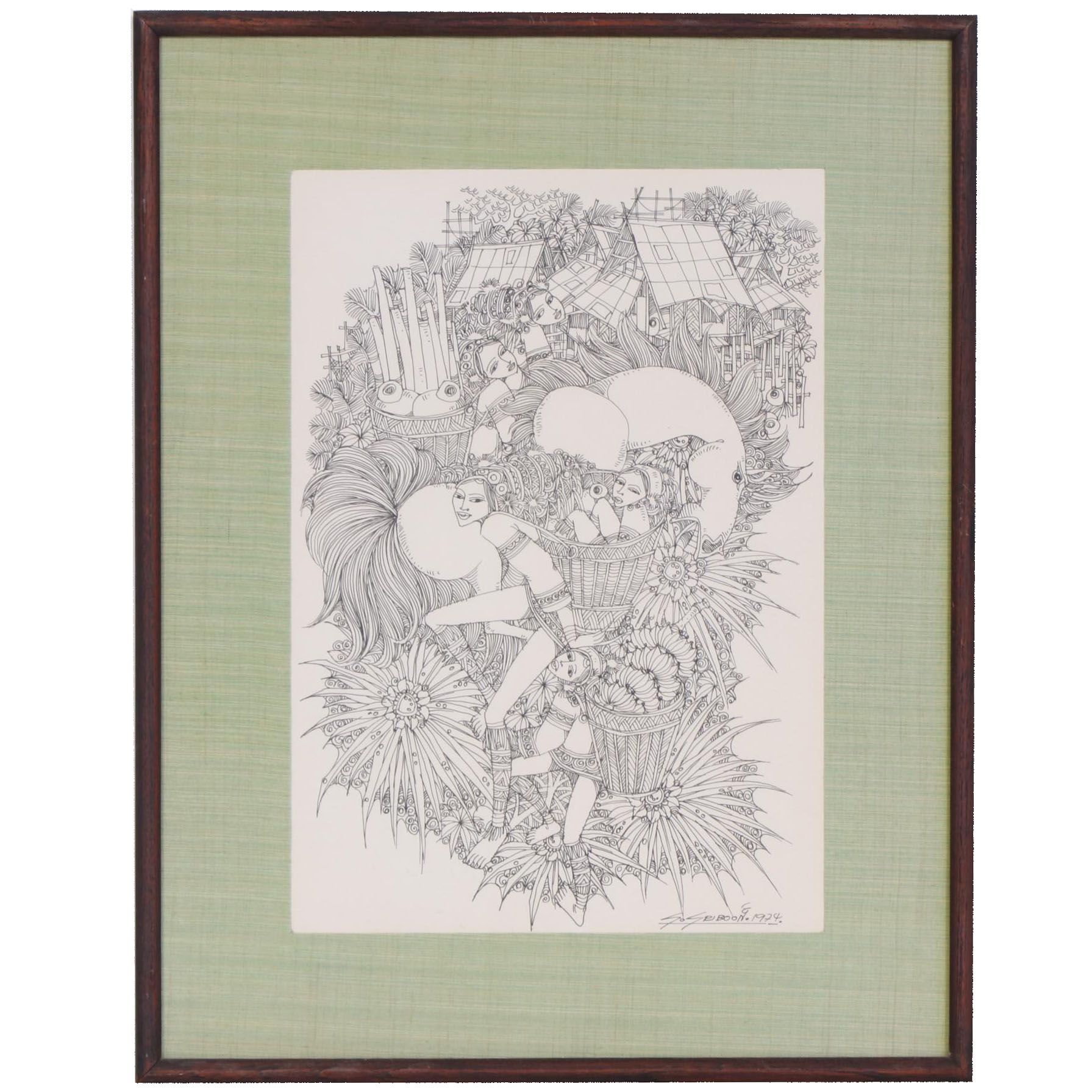 Sriboon Sanong Ink Drawing of Market Scene with Women and Horse, 1974