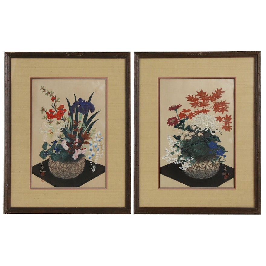 Bakufu Ohno Floral Still Life Embellished Woodblocks, Mid 20th Century