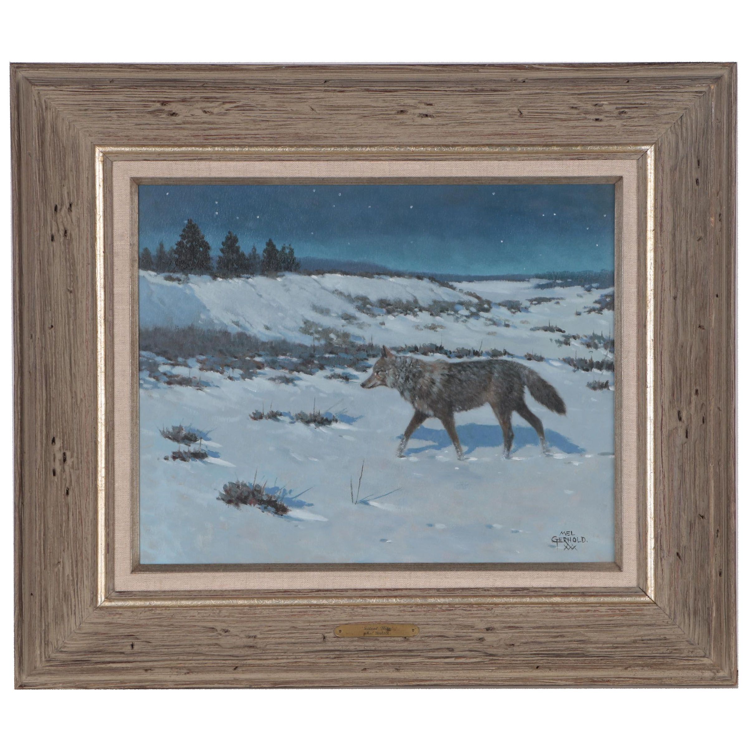Mel Gerhold Oil Painting of Wolf in Winter Landscape "Silent Night"