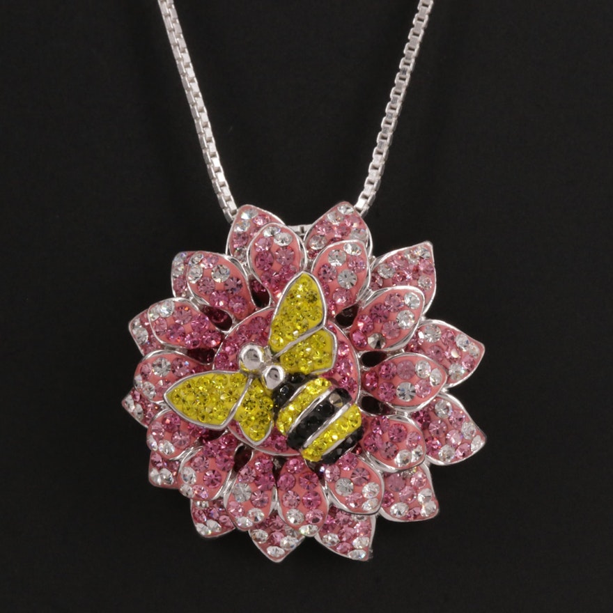Sterling Rhinestones in Resin Bee and Flower Pendant Necklace