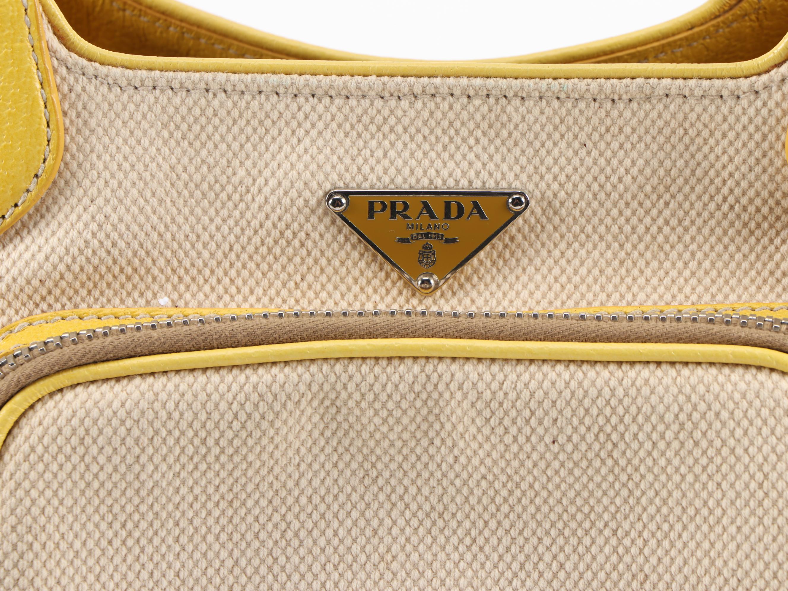 Prada Shoulder Bag in Canapa Canvas and Yellow Cinghial Leather