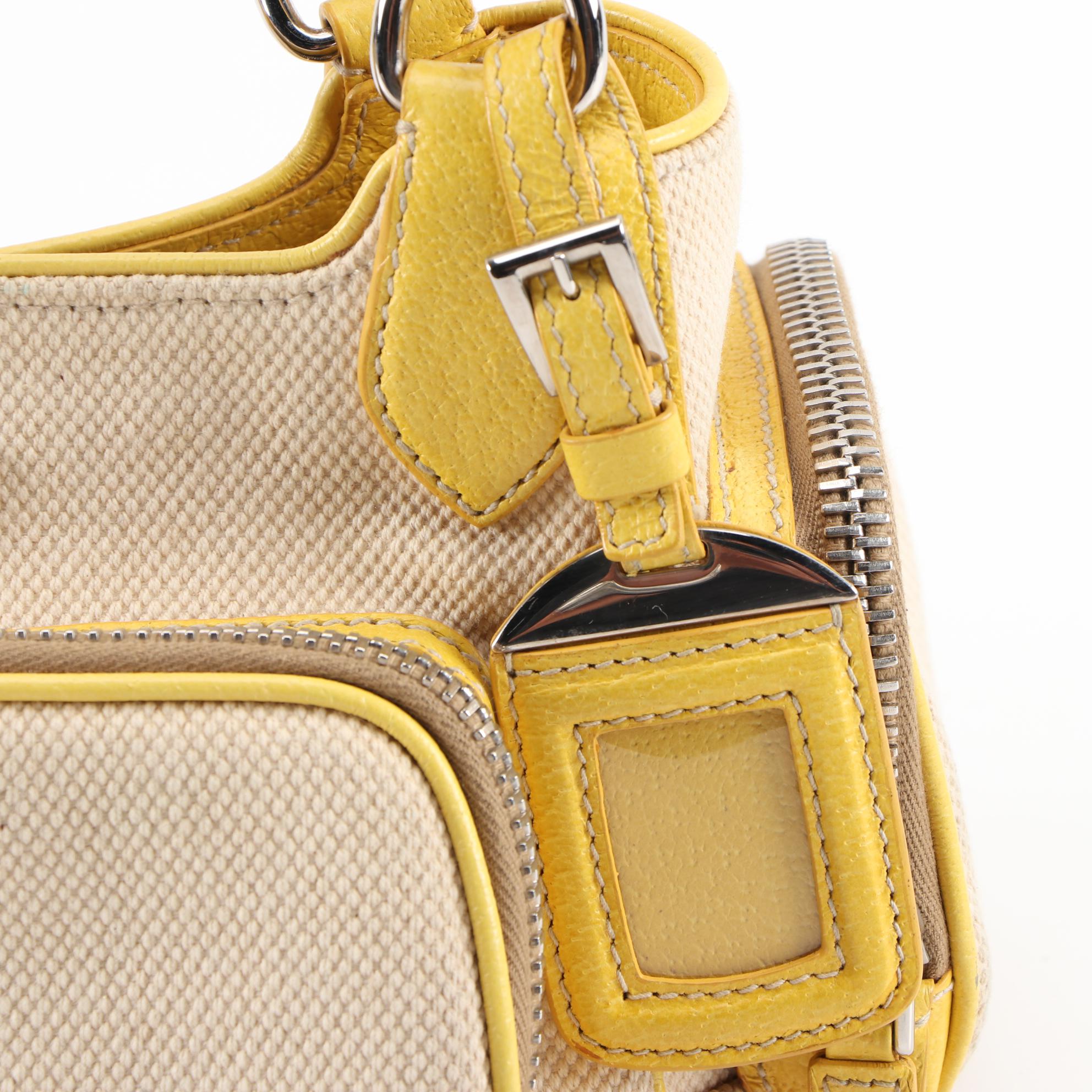 Prada Shoulder Bag in Canapa Canvas and Yellow Cinghial Leather