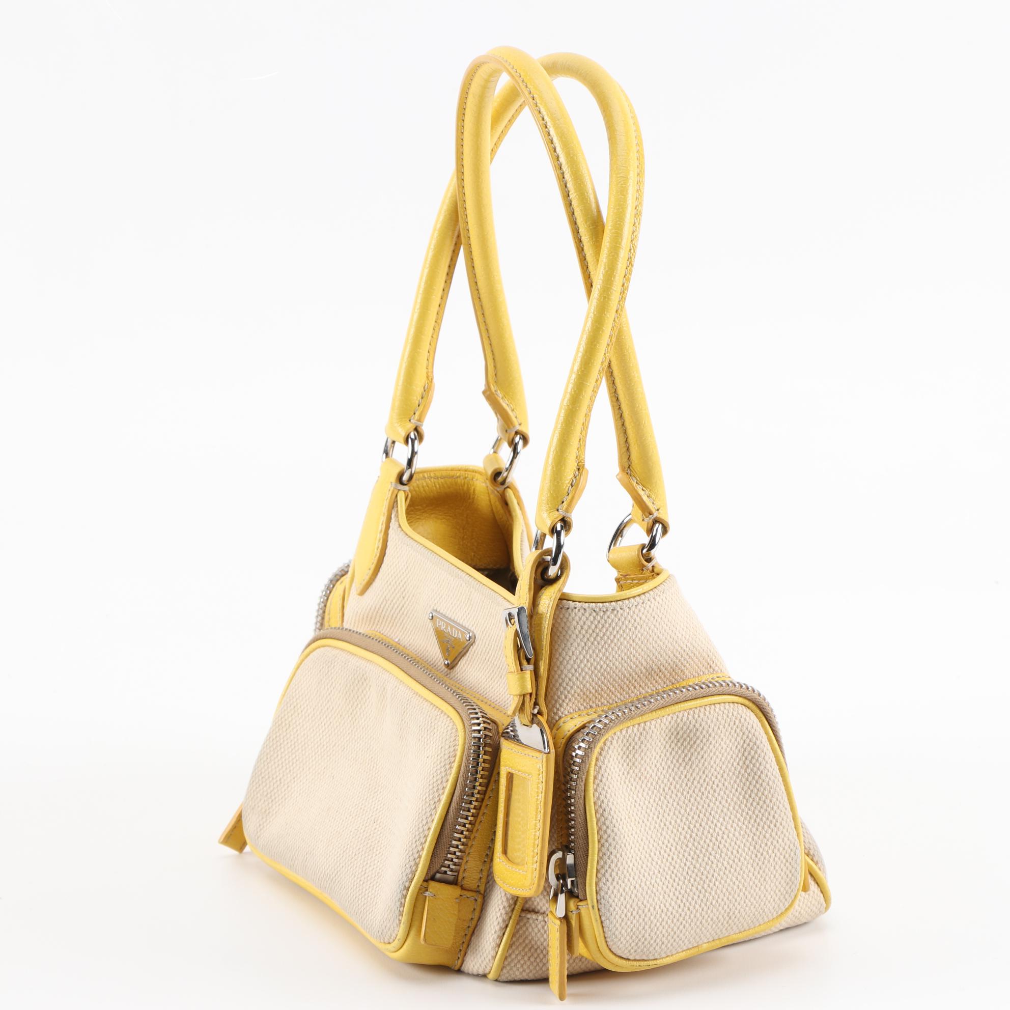 Prada Shoulder Bag in Canapa Canvas and Yellow Cinghial Leather