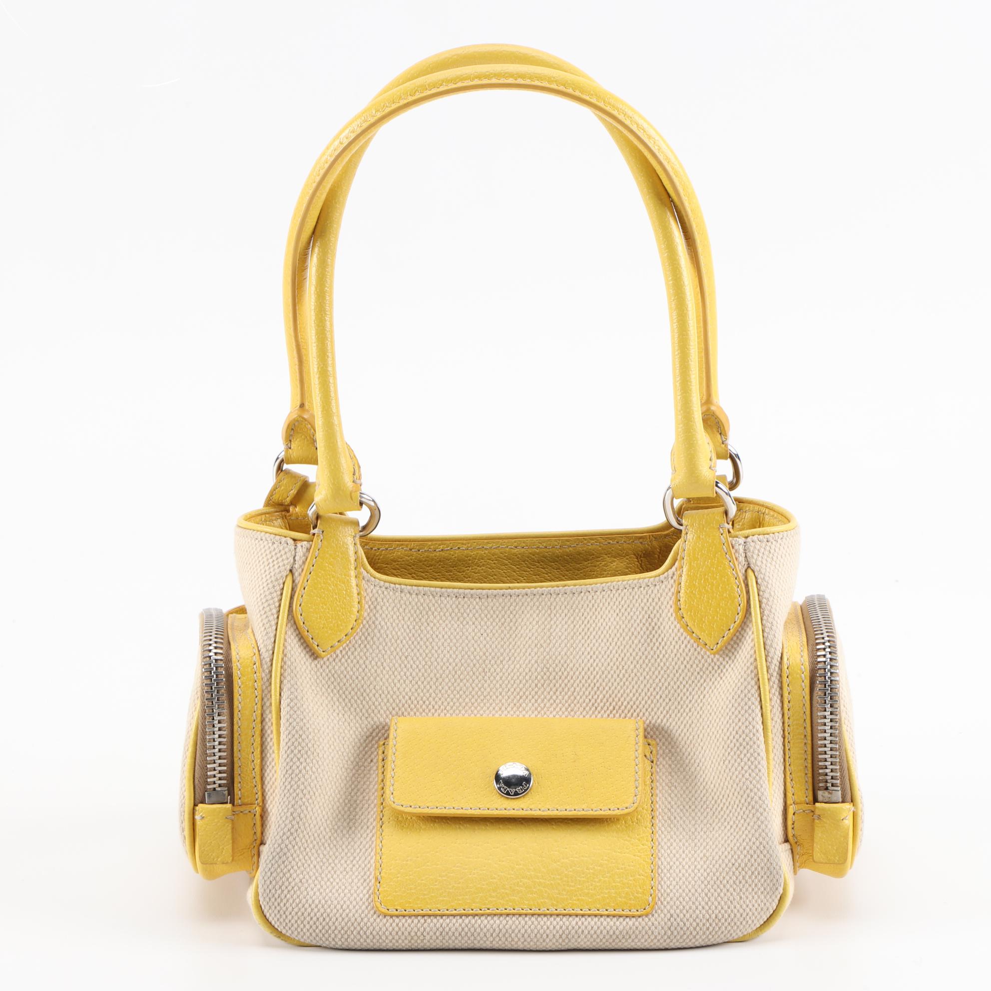 Prada Shoulder Bag in Canapa Canvas and Yellow Cinghial Leather