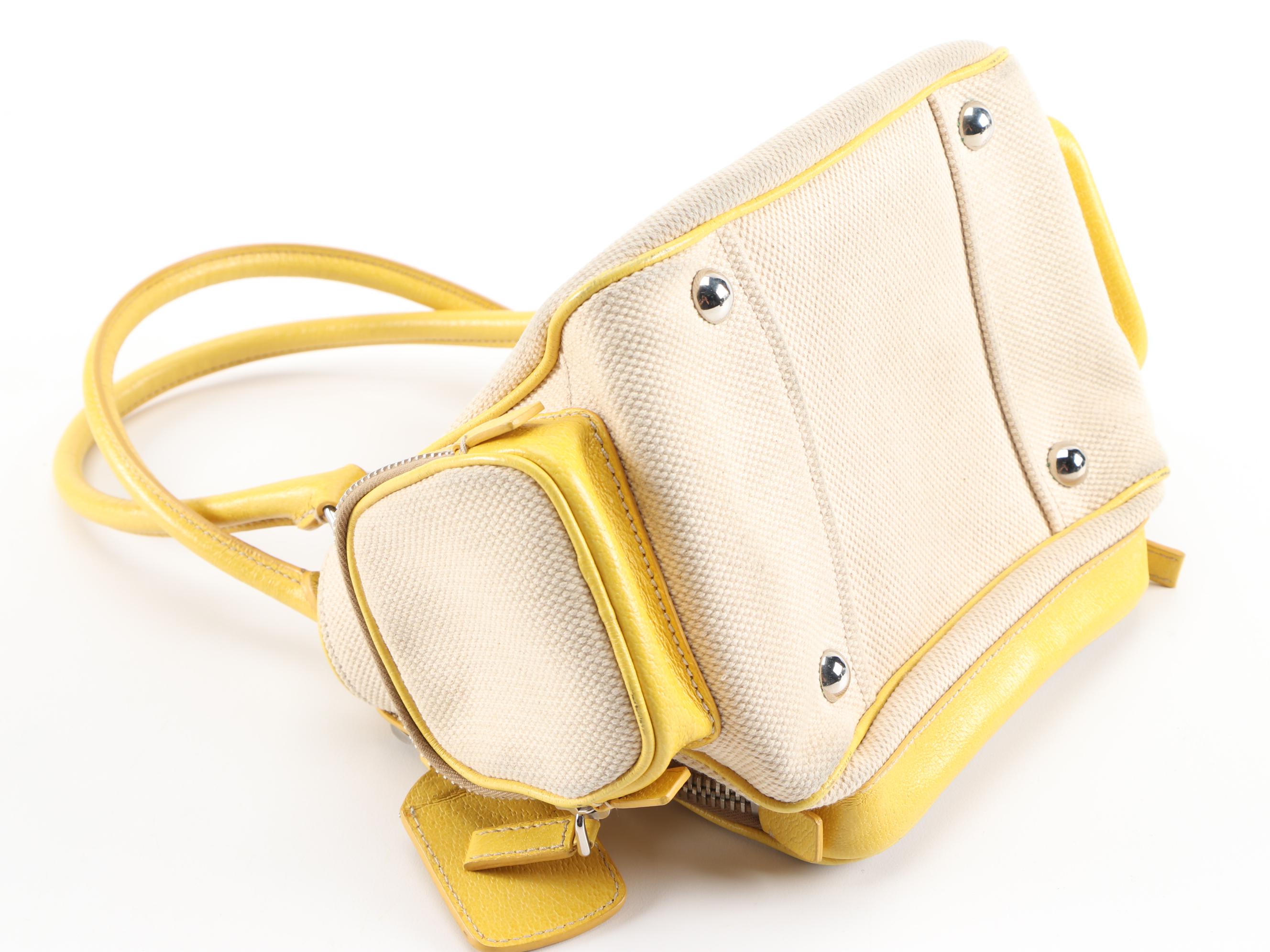 Prada Shoulder Bag in Canapa Canvas and Yellow Cinghial Leather