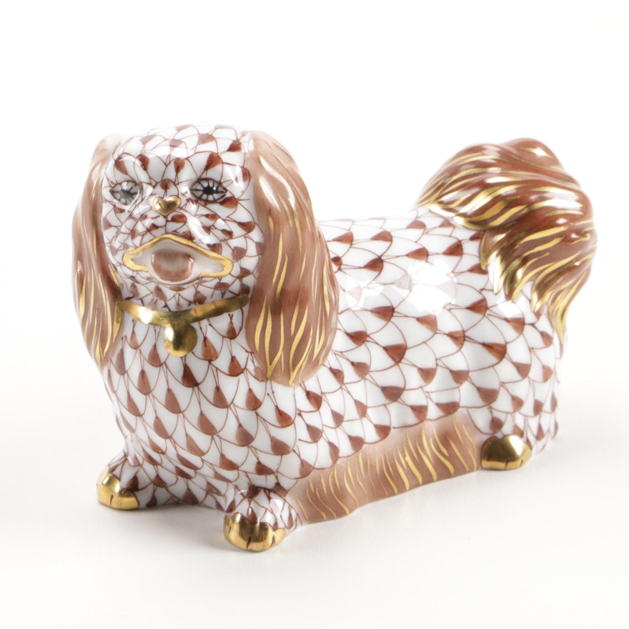 Herend Chocolate Fishnet with Gold "Pekingese" Porcelain Figurine