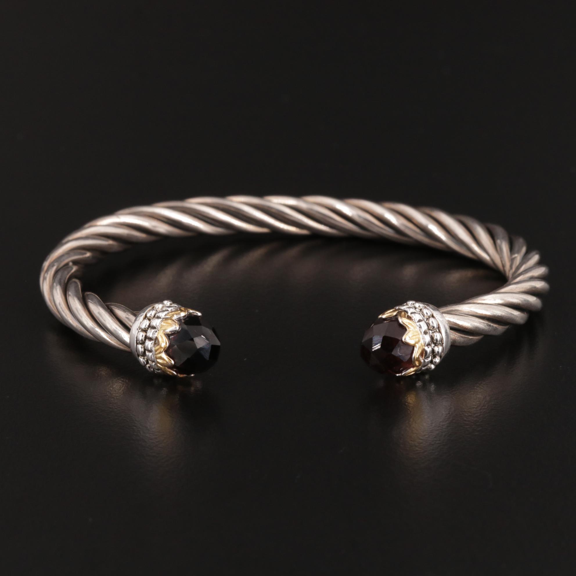 Sterling Silver Cable Cuff Bracelet With Black Glass End Accents