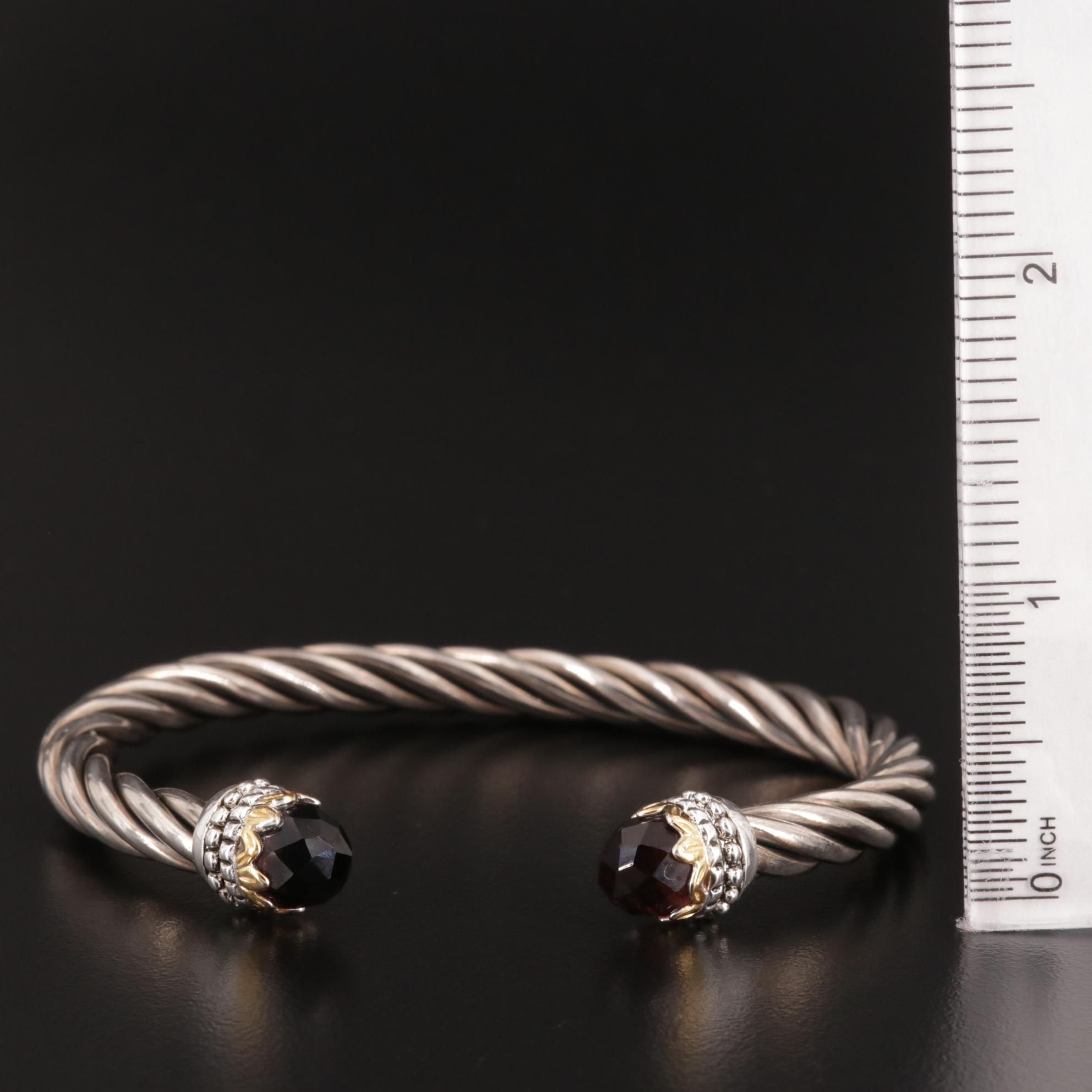 Sterling Silver Cable Cuff Bracelet With Black Glass End Accents
