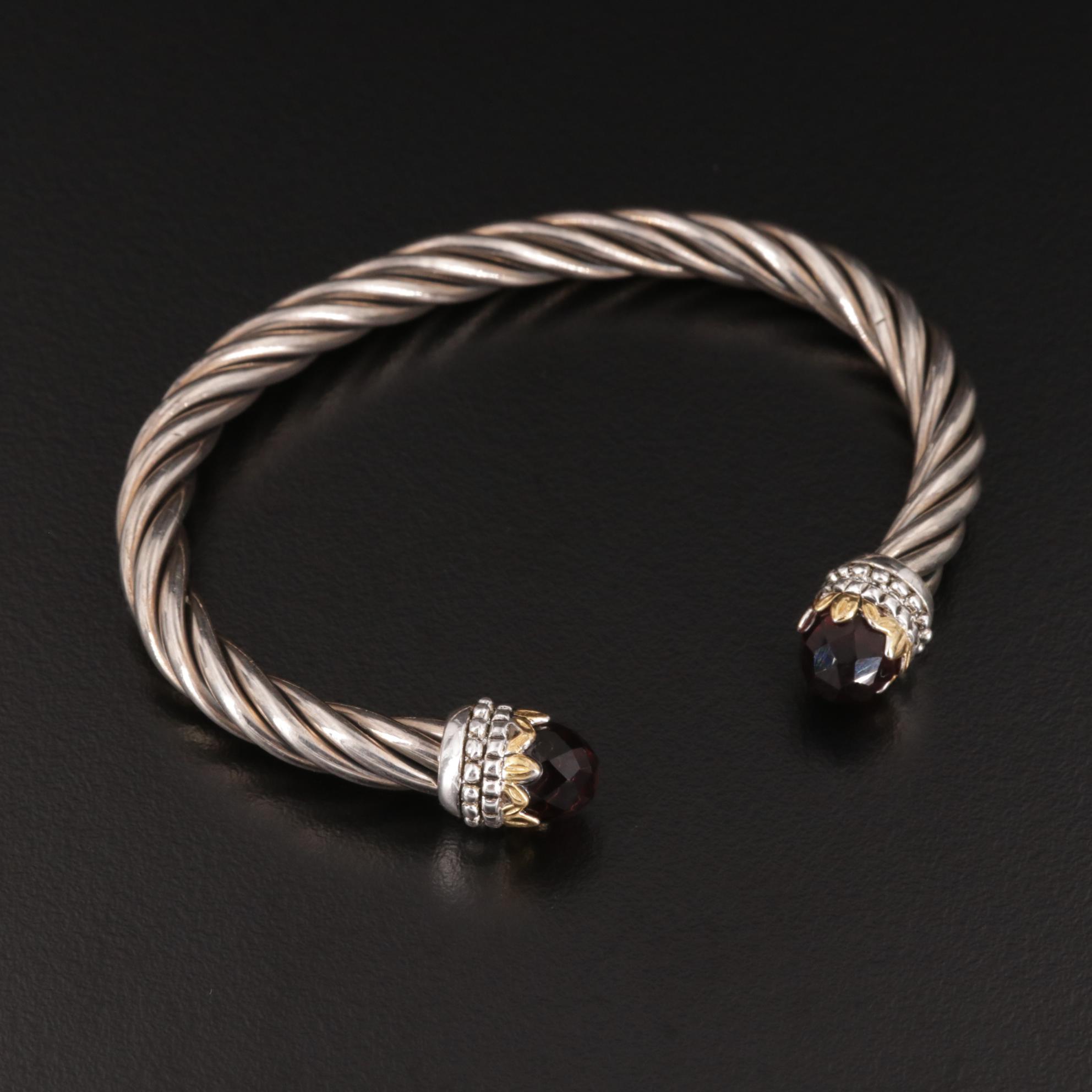 Sterling Silver Cable Cuff Bracelet With Black Glass End Accents