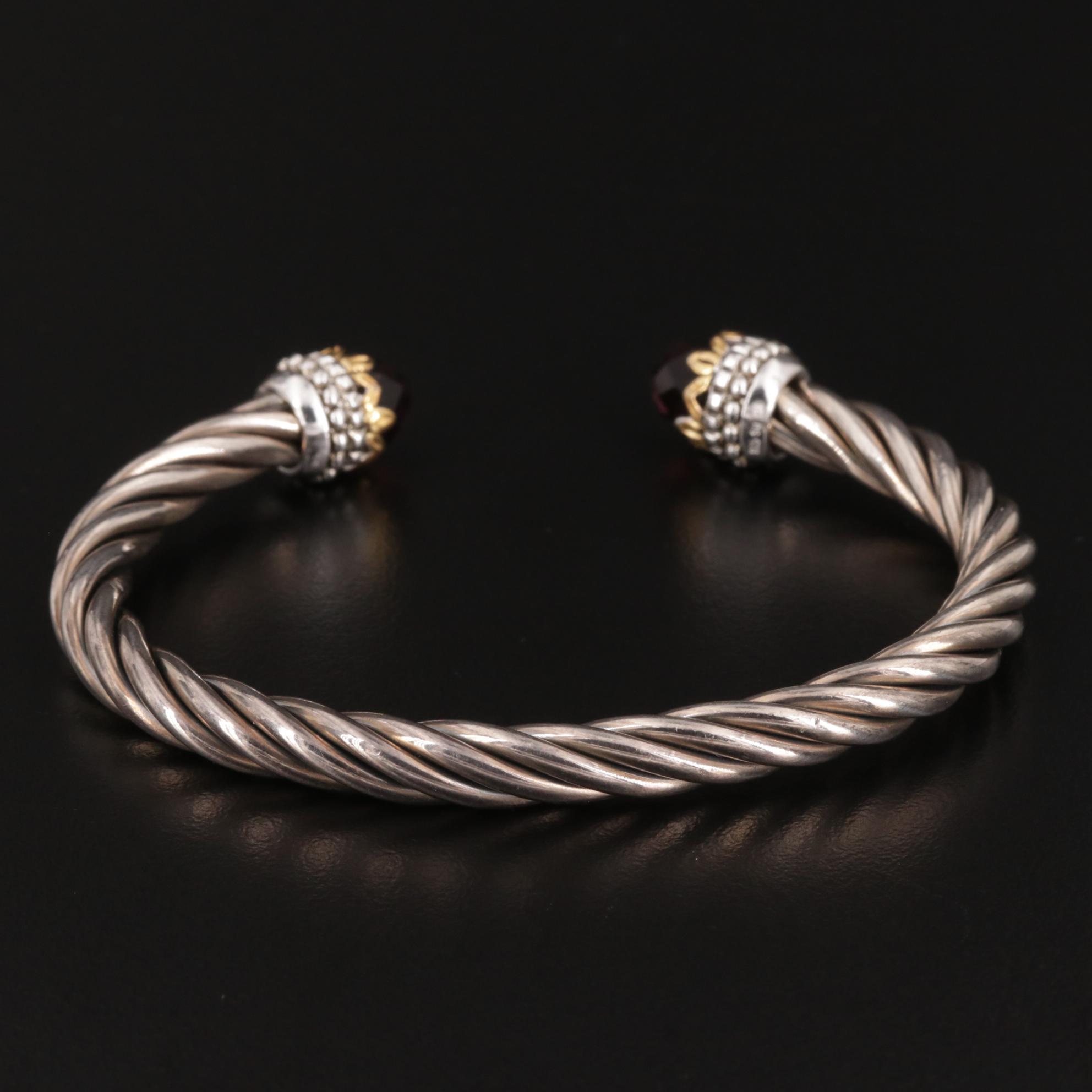 Sterling Silver Cable Cuff Bracelet With Black Glass End Accents