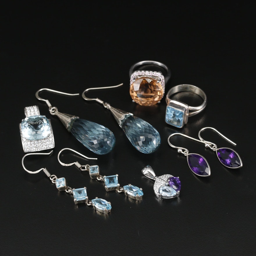 Sterling Silver Jewelry Including Topaz, Amethyst and Synthetic Quartz