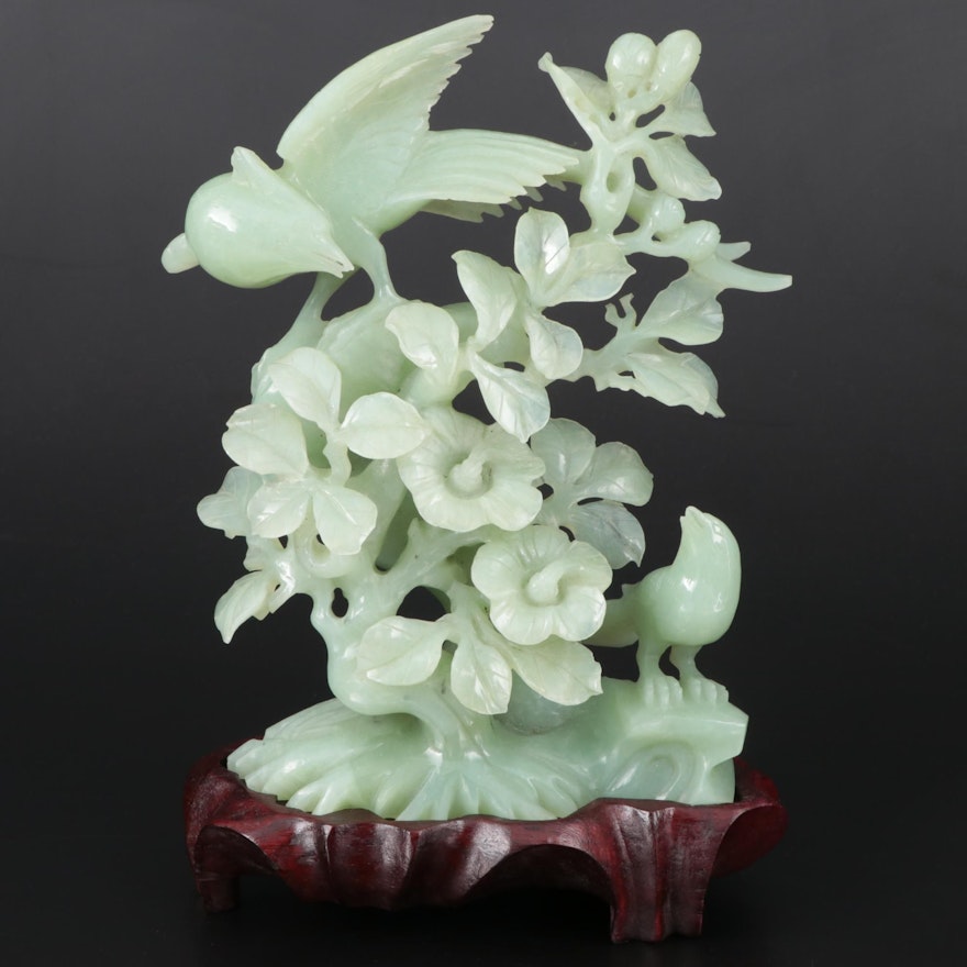 Chinese Bowenite Bird and Hibiscus Flower Carving