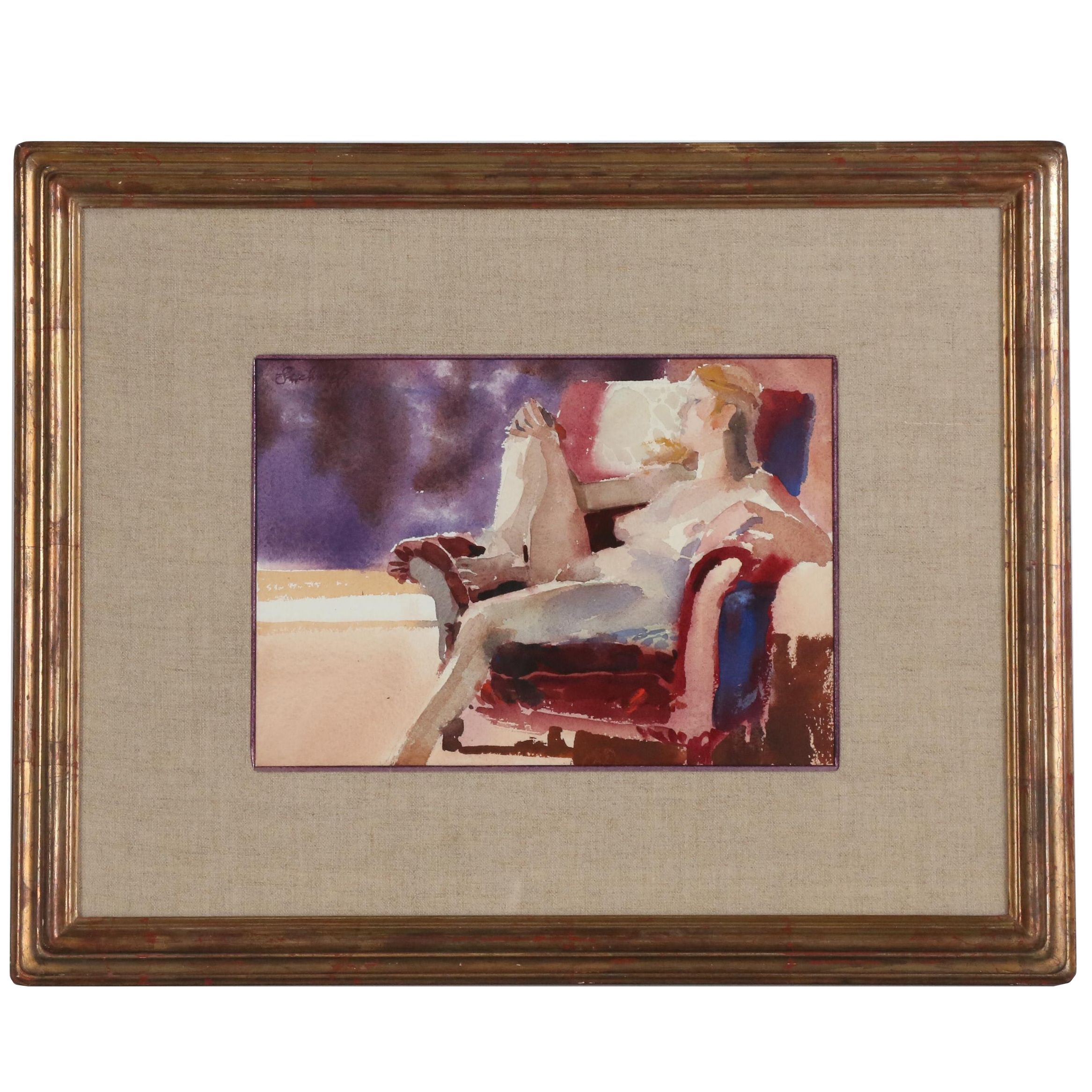 Figural Watercolor Painting of Seated Female Nude