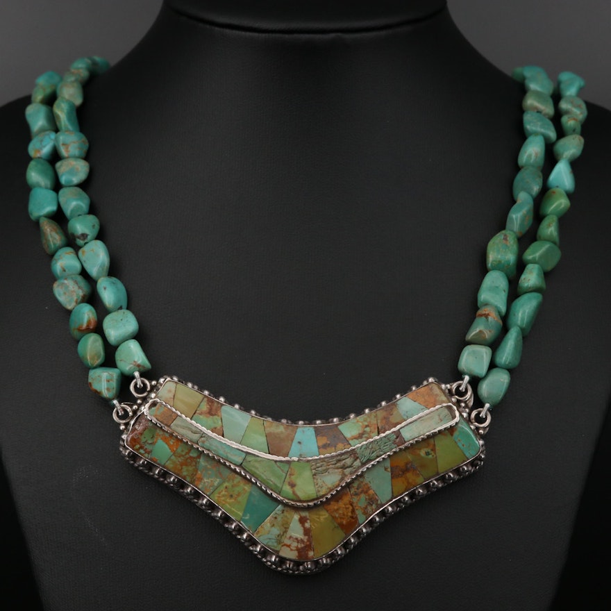 Southwestern Style Sterling Silver Turquoise Beaded Necklace