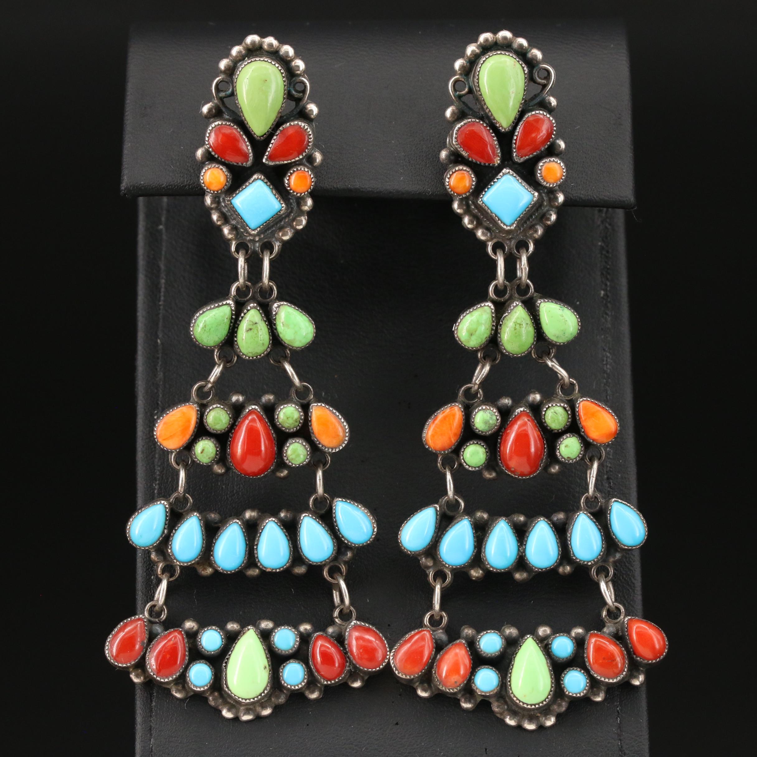 Leo Feeney Southwestern Style Sterling Silver Spiny Oyster and Gemstone Earrings