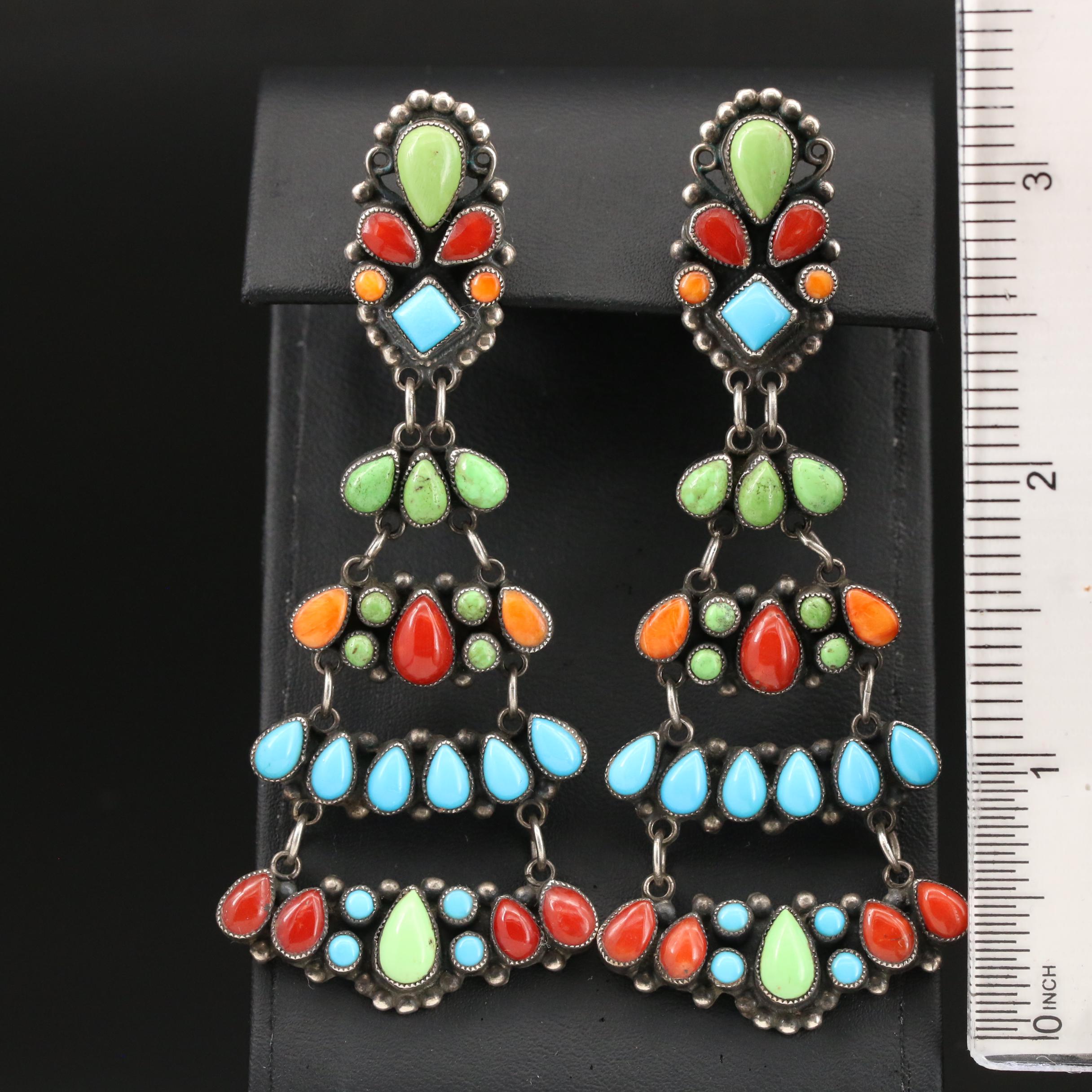 Leo Feeney Southwestern Style Sterling Silver Spiny Oyster and Gemstone Earrings