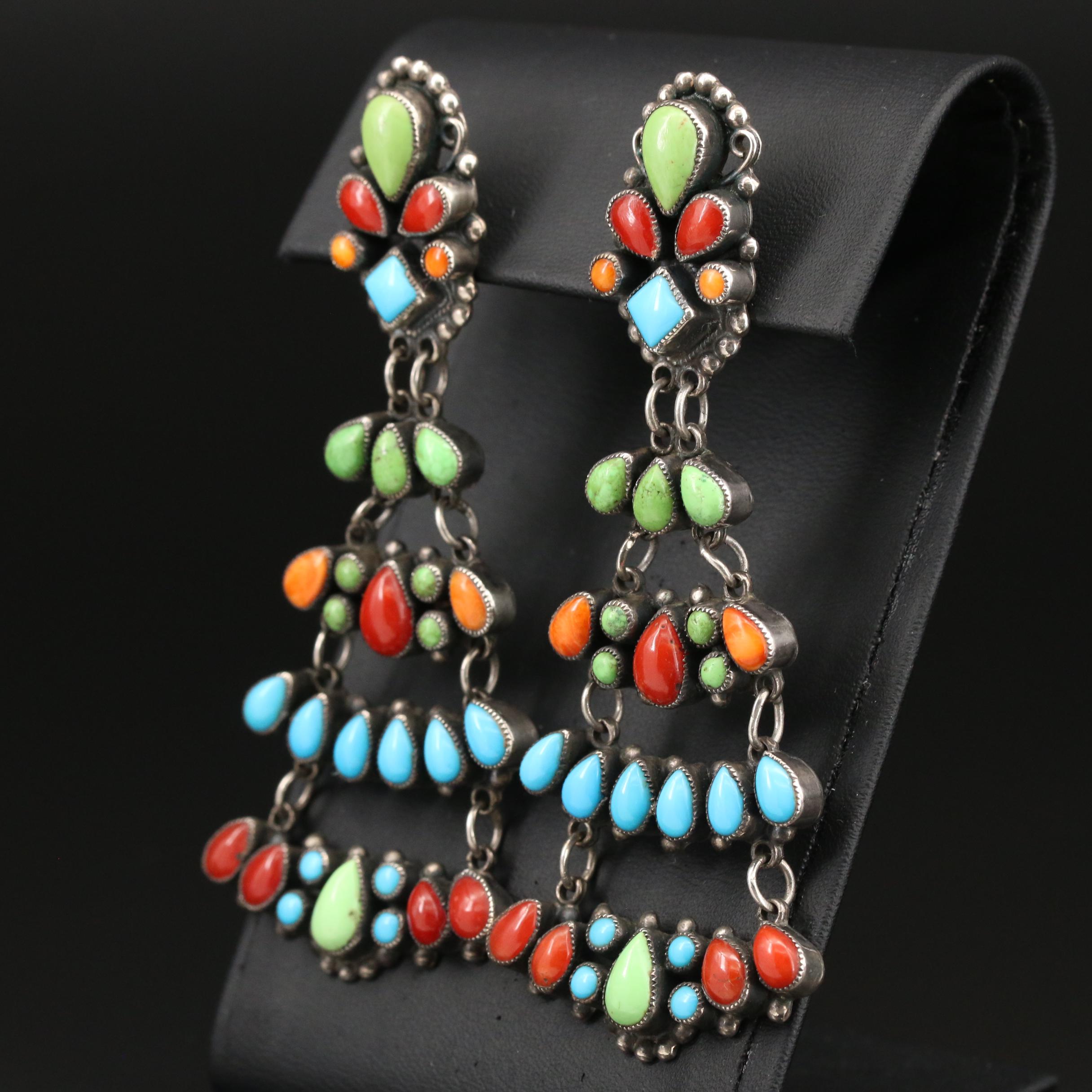 Leo Feeney Southwestern Style Sterling Silver Spiny Oyster and Gemstone Earrings