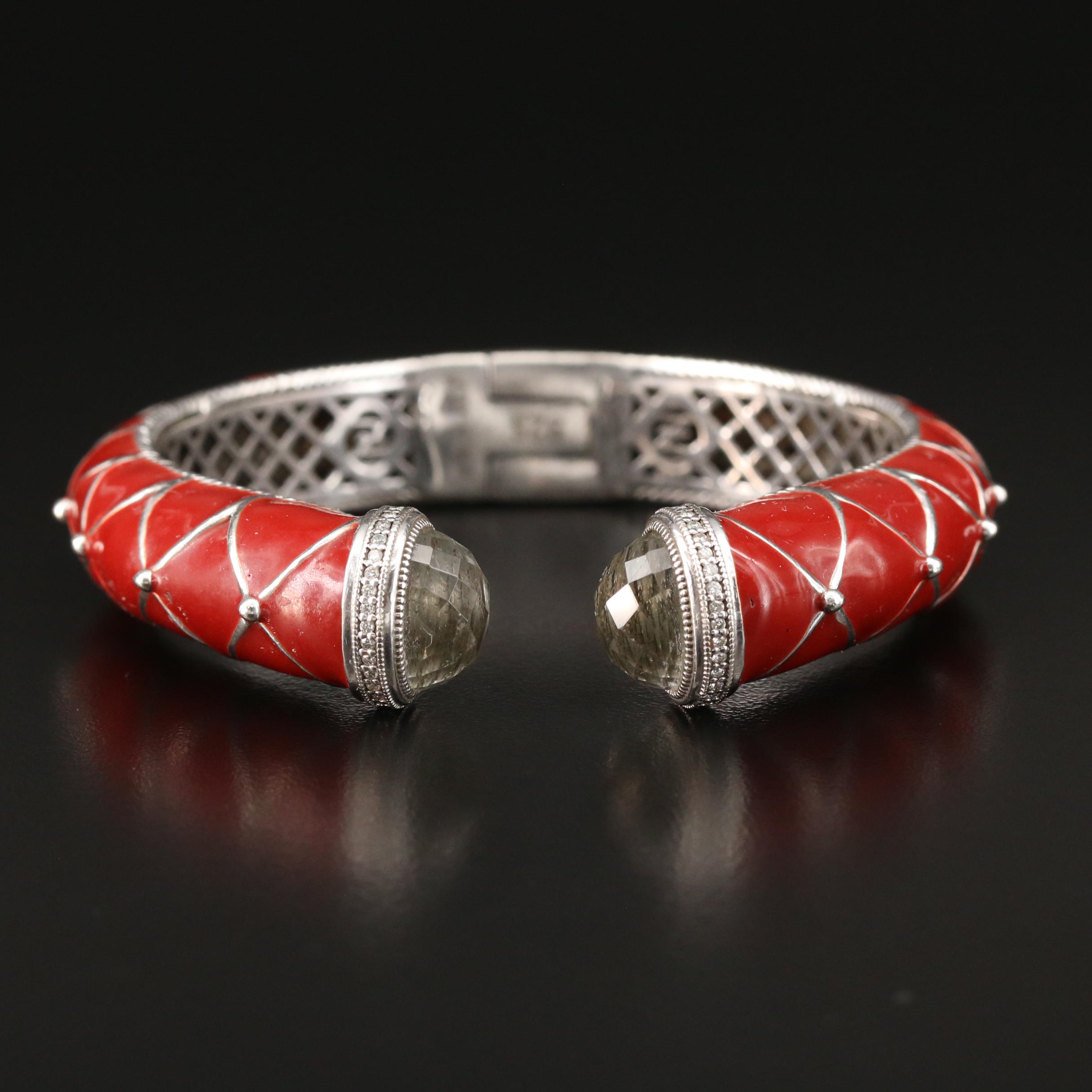 Zasha Sterling Silver Enamel and Glass Hinged Cuff Bracelet