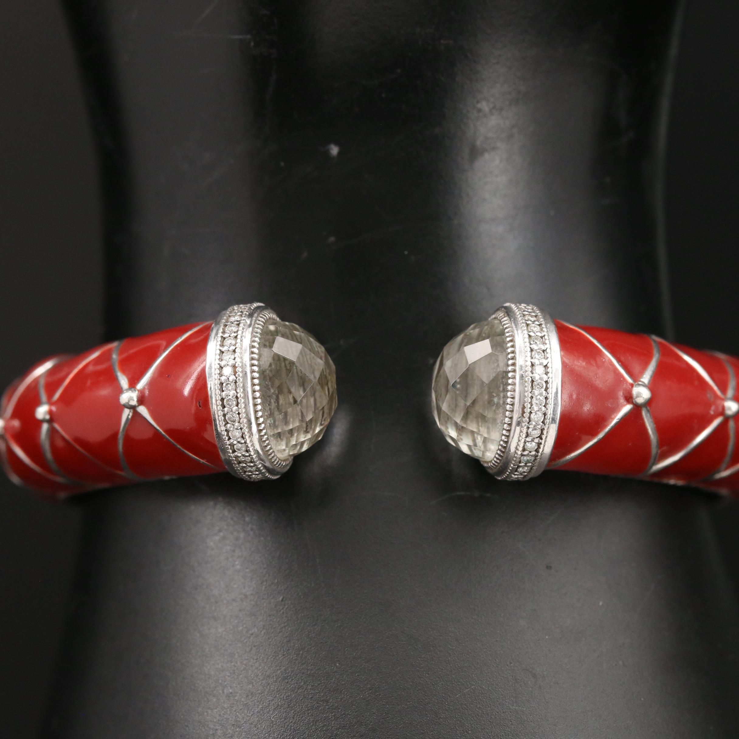 Zasha Sterling Silver Enamel and Glass Hinged Cuff Bracelet