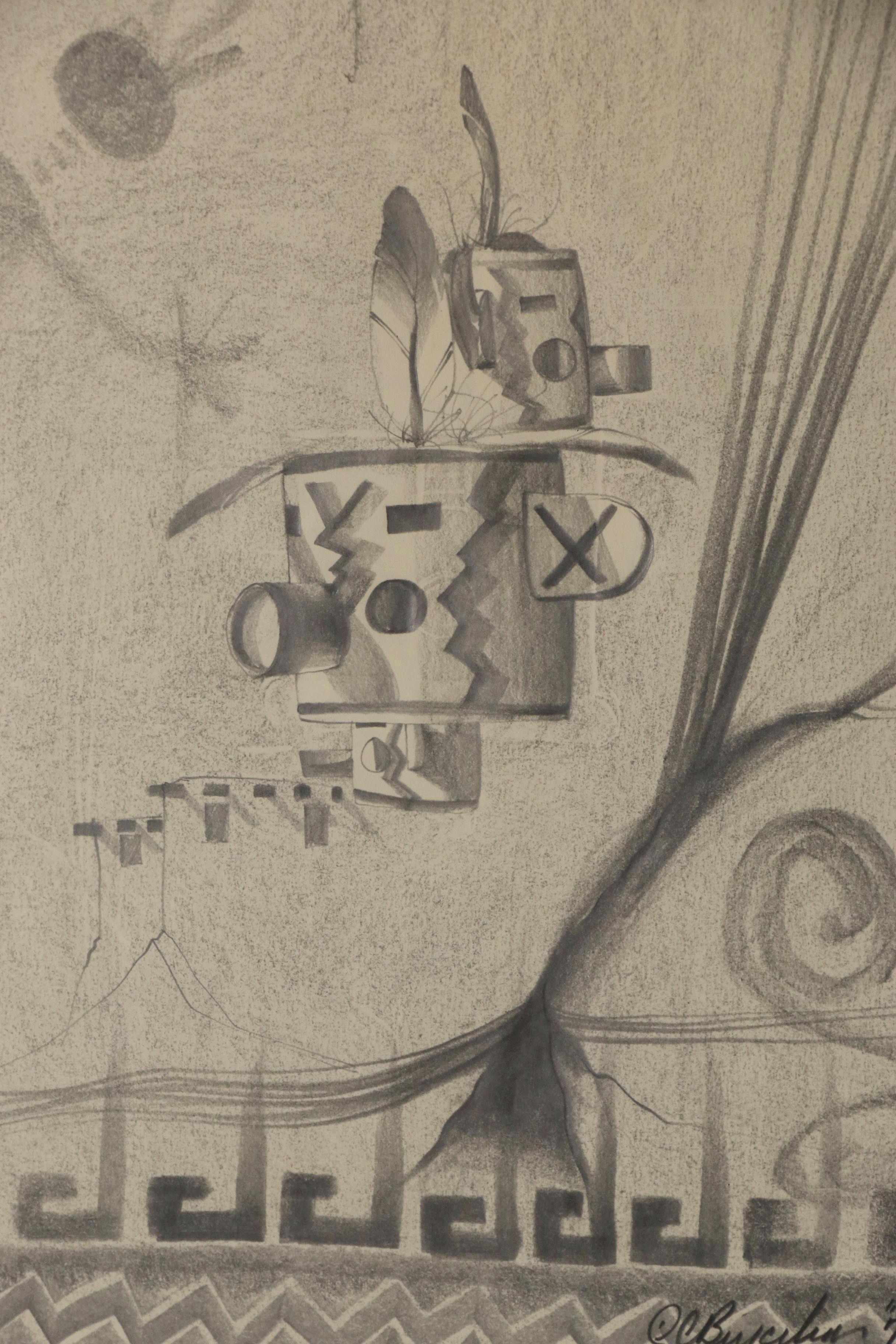 Pueblo of Zuni Mask Graphite Drawing, 1977