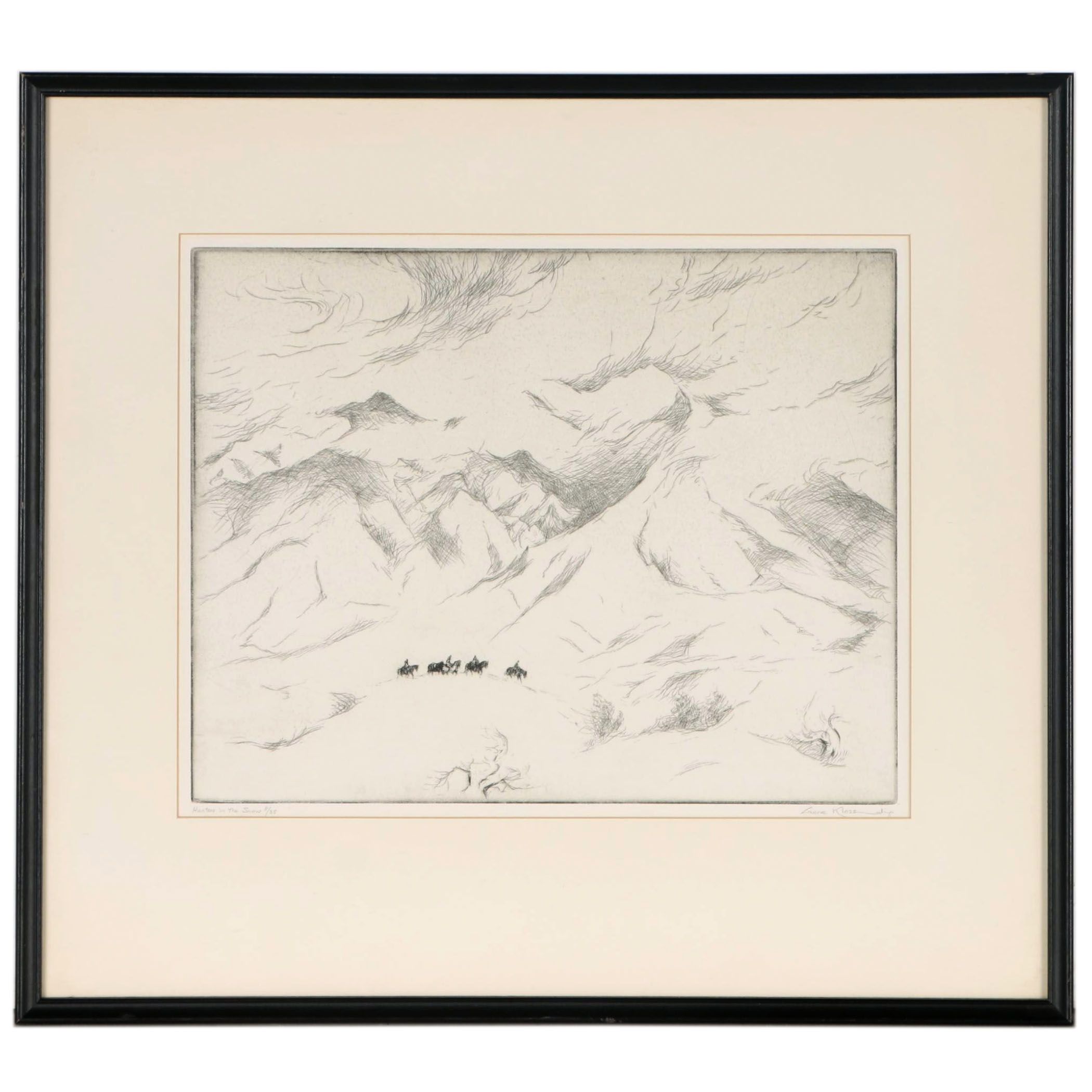 Gene Kloss Drypoint Etching "Hunters in the Snow"