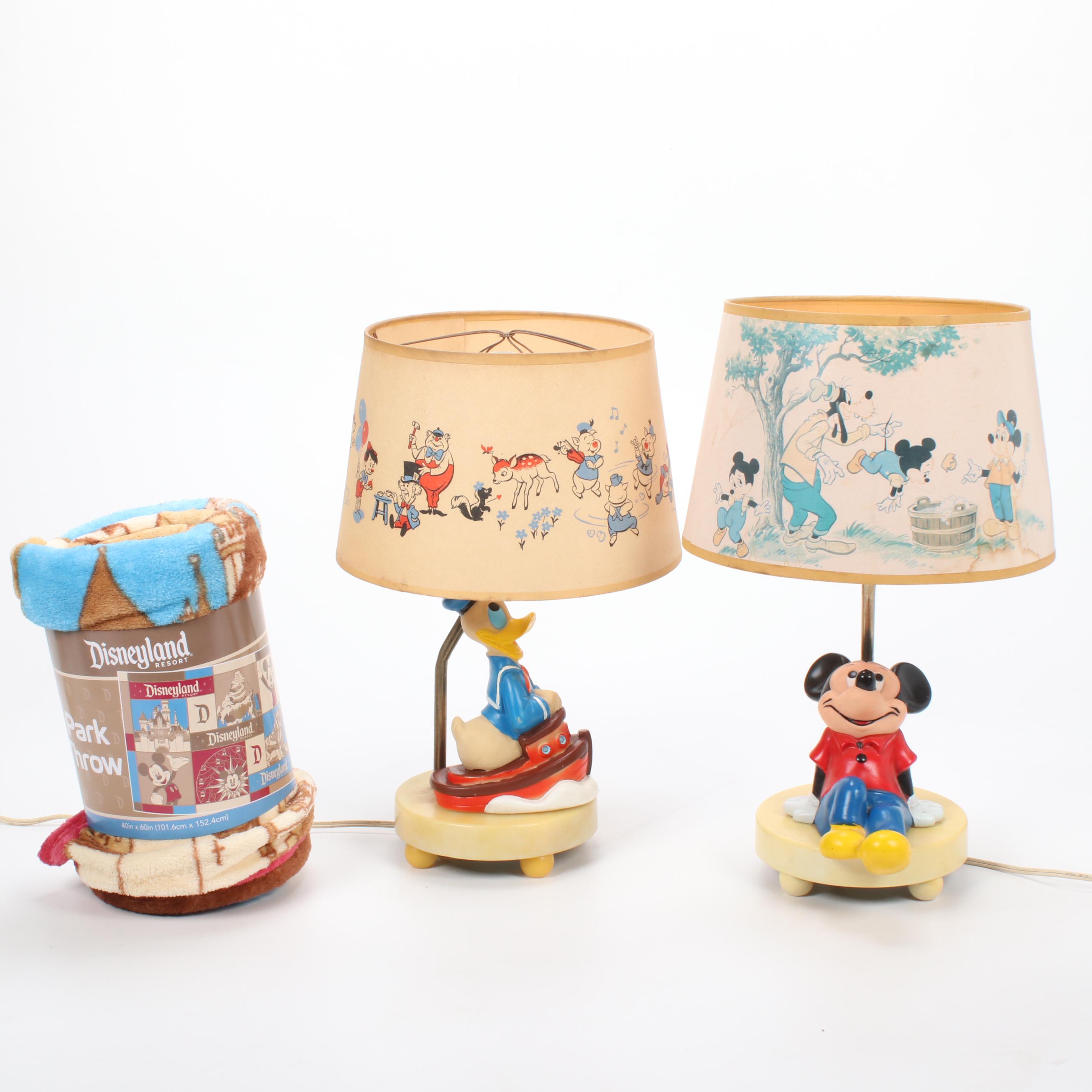 Walt Disney Vintage Donald Duck and Mickey Mouse Lamps with Disneyland Throw
