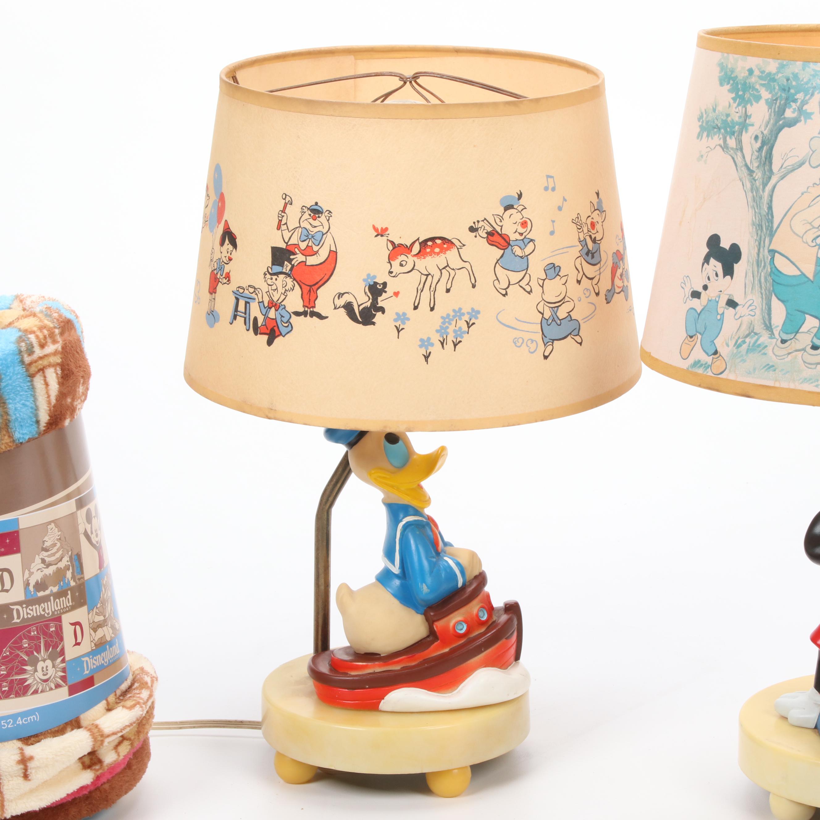 Walt Disney Vintage Donald Duck and Mickey Mouse Lamps with Disneyland Throw