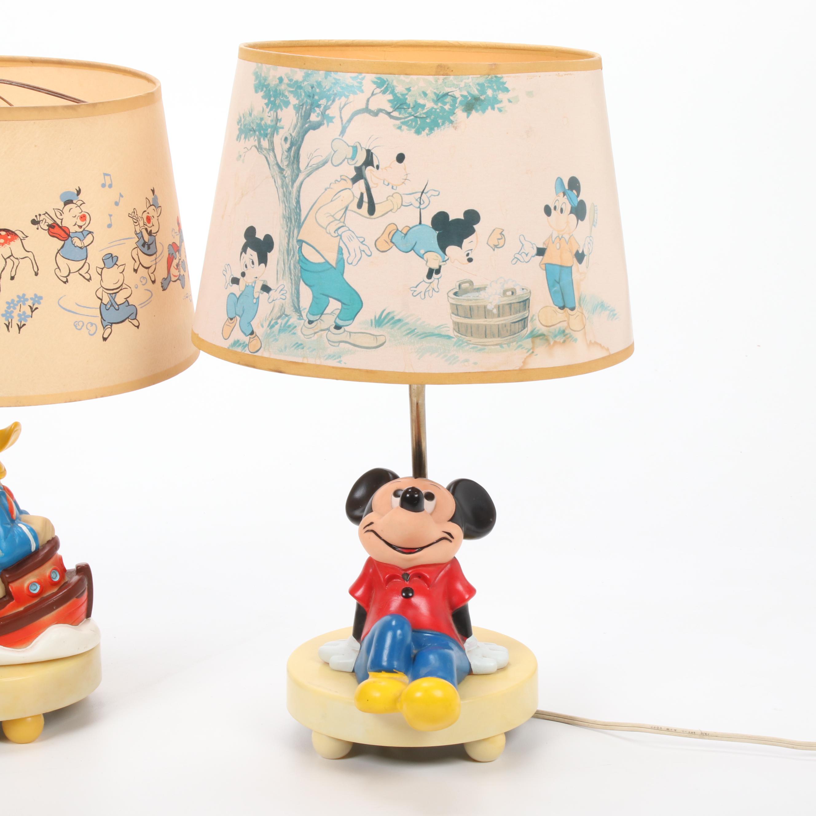 Walt Disney Vintage Donald Duck and Mickey Mouse Lamps with Disneyland Throw