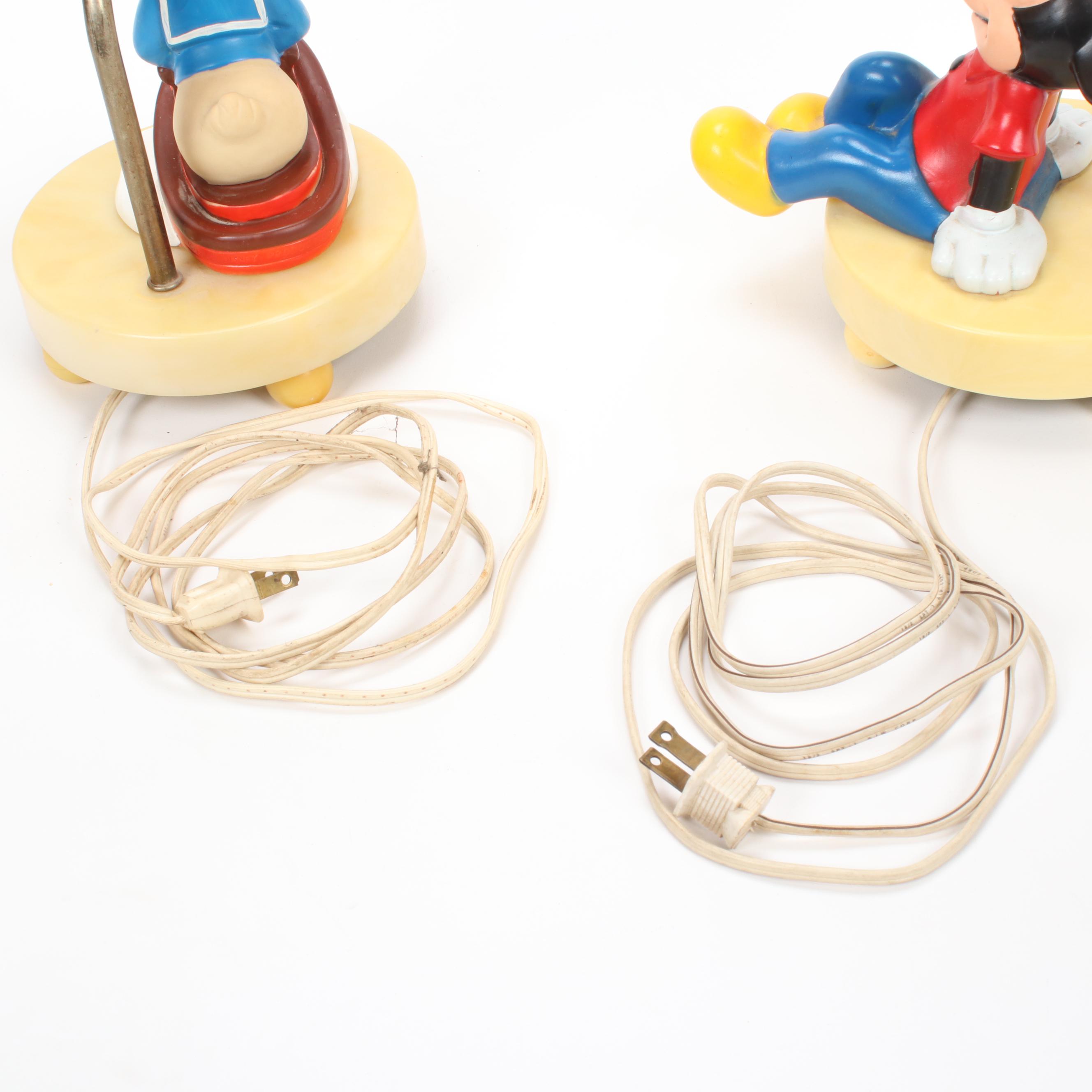 Walt Disney Vintage Donald Duck and Mickey Mouse Lamps with Disneyland Throw