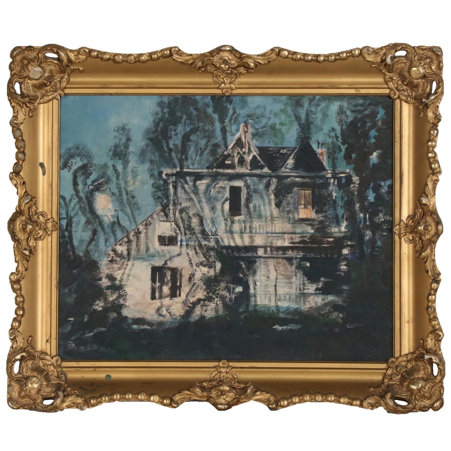 Oil Painting of Victorian Style House, Late 20th Century