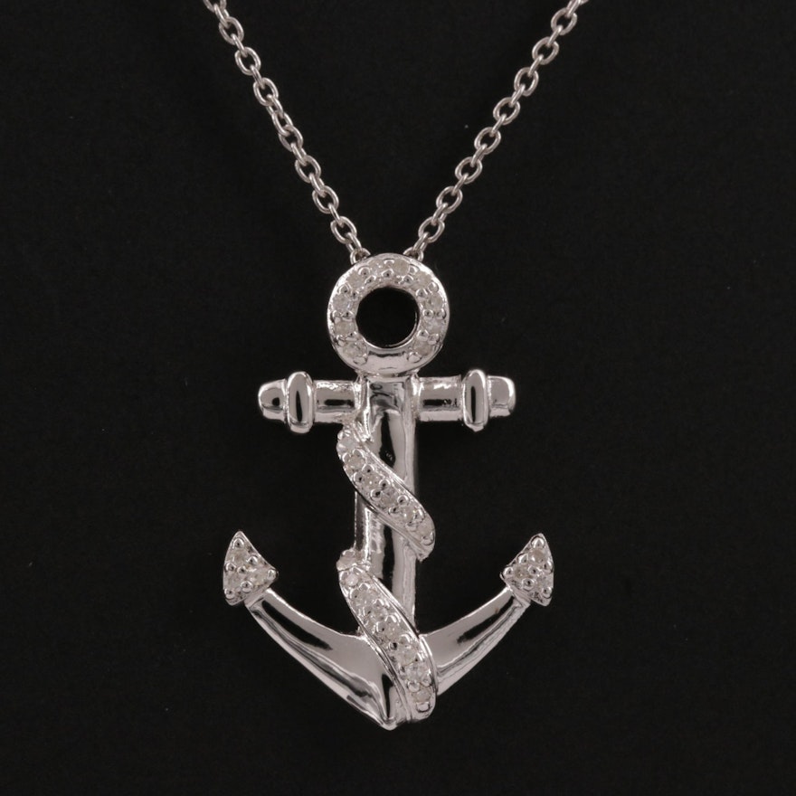 Sterling Silver Diamond Anchor Pendant Necklace