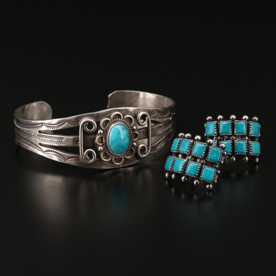 Southwestern Sterling Silver Turquoise and Imitation Stone Cuff and Earrings